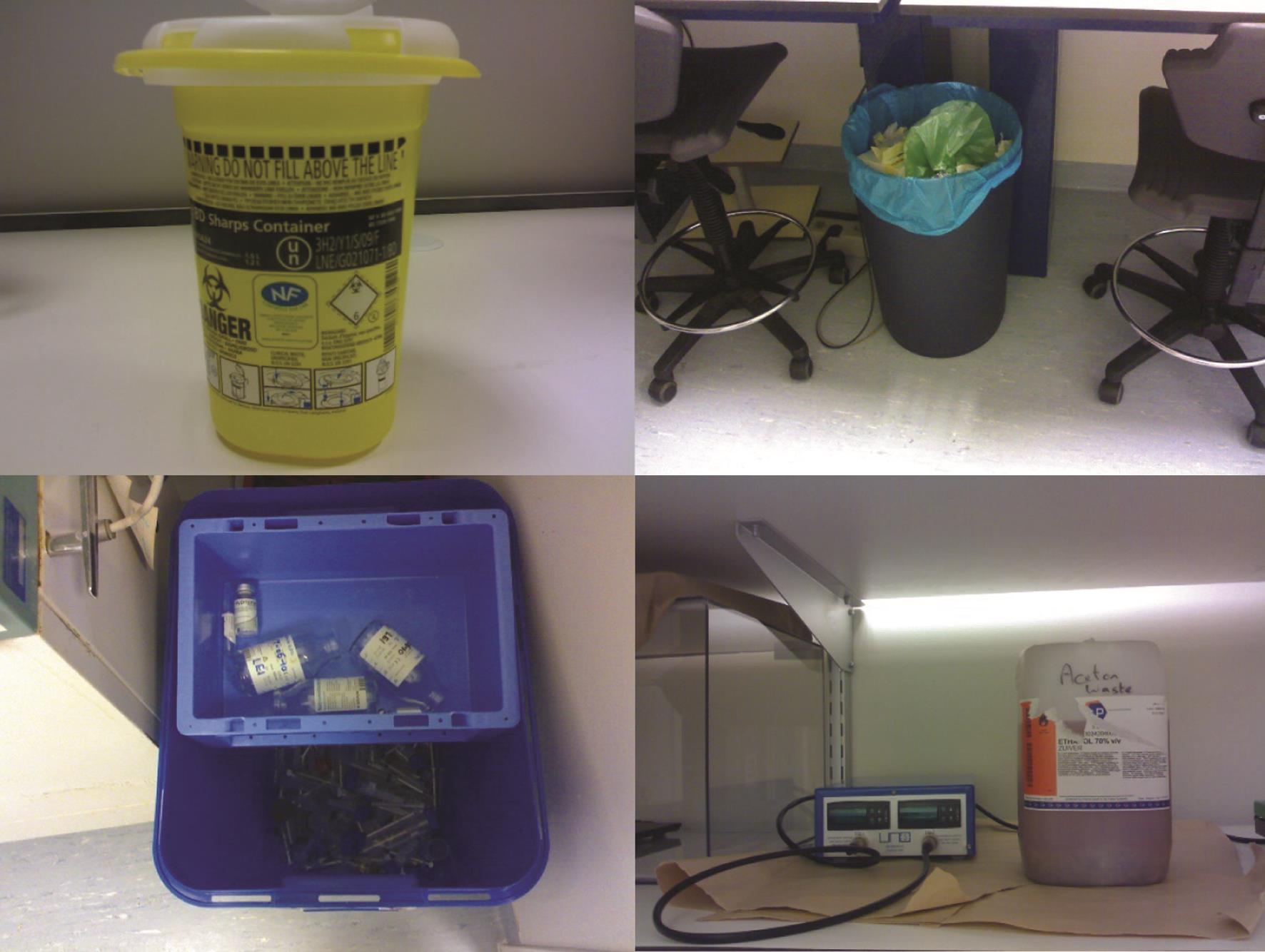 锐器箱（左上）；动物实验材料（右上）；玻璃器皿（左下）；废液箱（右下）。