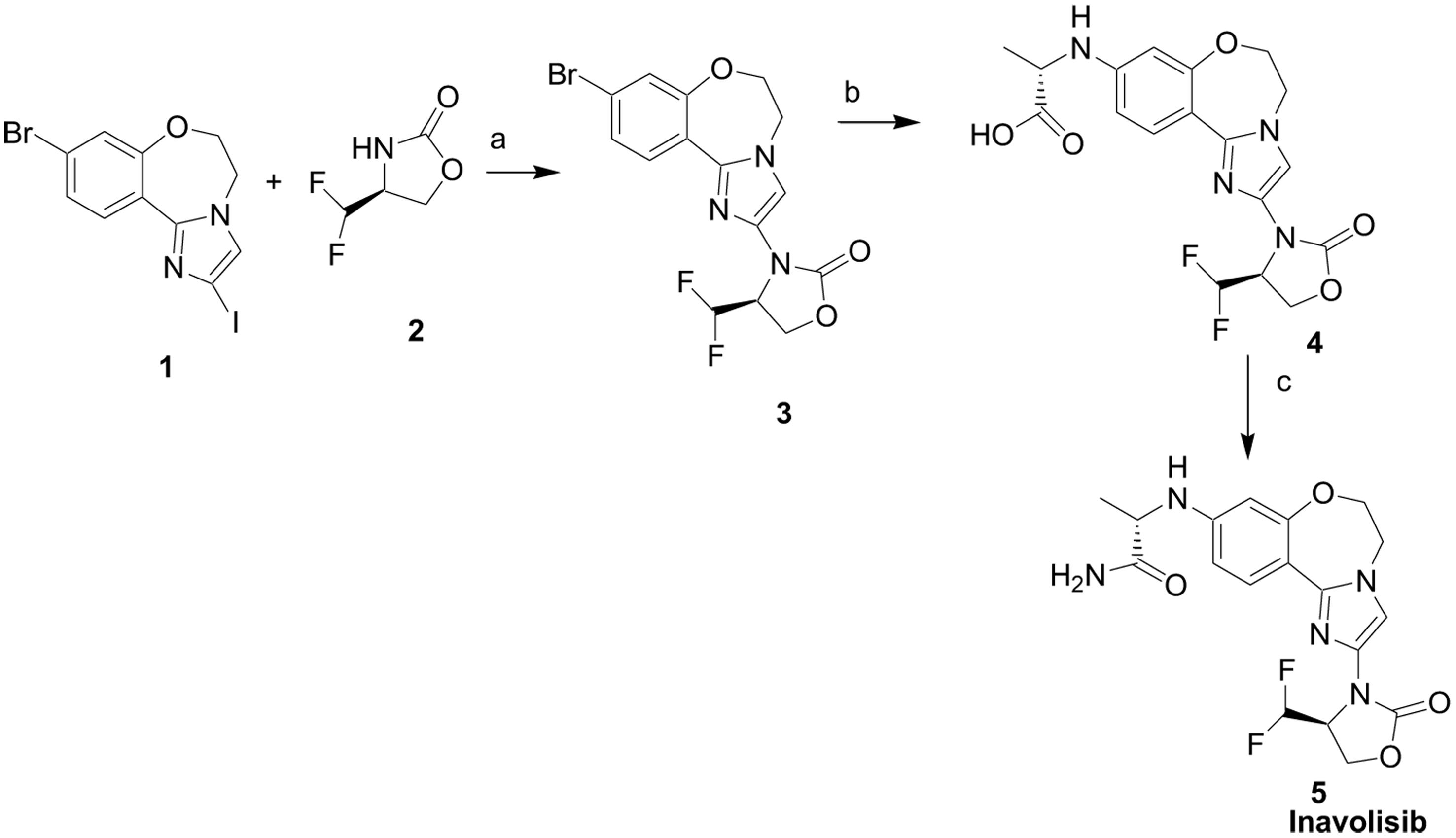 Reagents and Conditions: (a) CuI, K<sub>2</sub>CO<sub>3</sub>, dioxane, 100 °C, 16 h, 50%; (b) L-Alanine, CuI, K<sub>3</sub>PO<sub>4</sub>, DMSO, 100 °C, 2 h; (c) NH<sub>4</sub>Cl, HATU, DIEA, DMF, rt, 1 h, 46%.