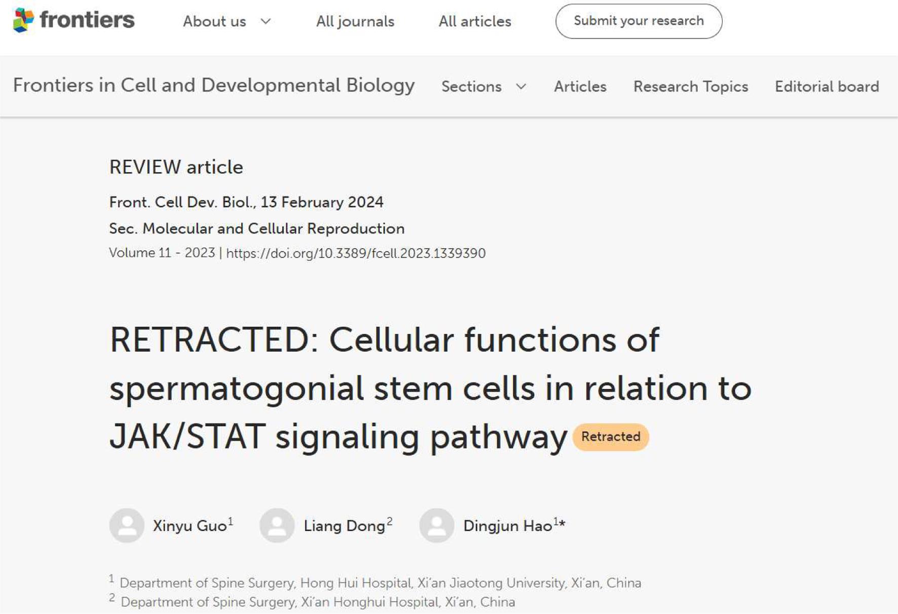 Frontiers in Cell and Developmental Biology对这篇论文发布了全面撤稿声明（截图来自Frontiers | RETRACTED: Cellular functions of spermatogonial stem cells in relation to JAK/STAT signaling pathway (frontiersin.org)）。