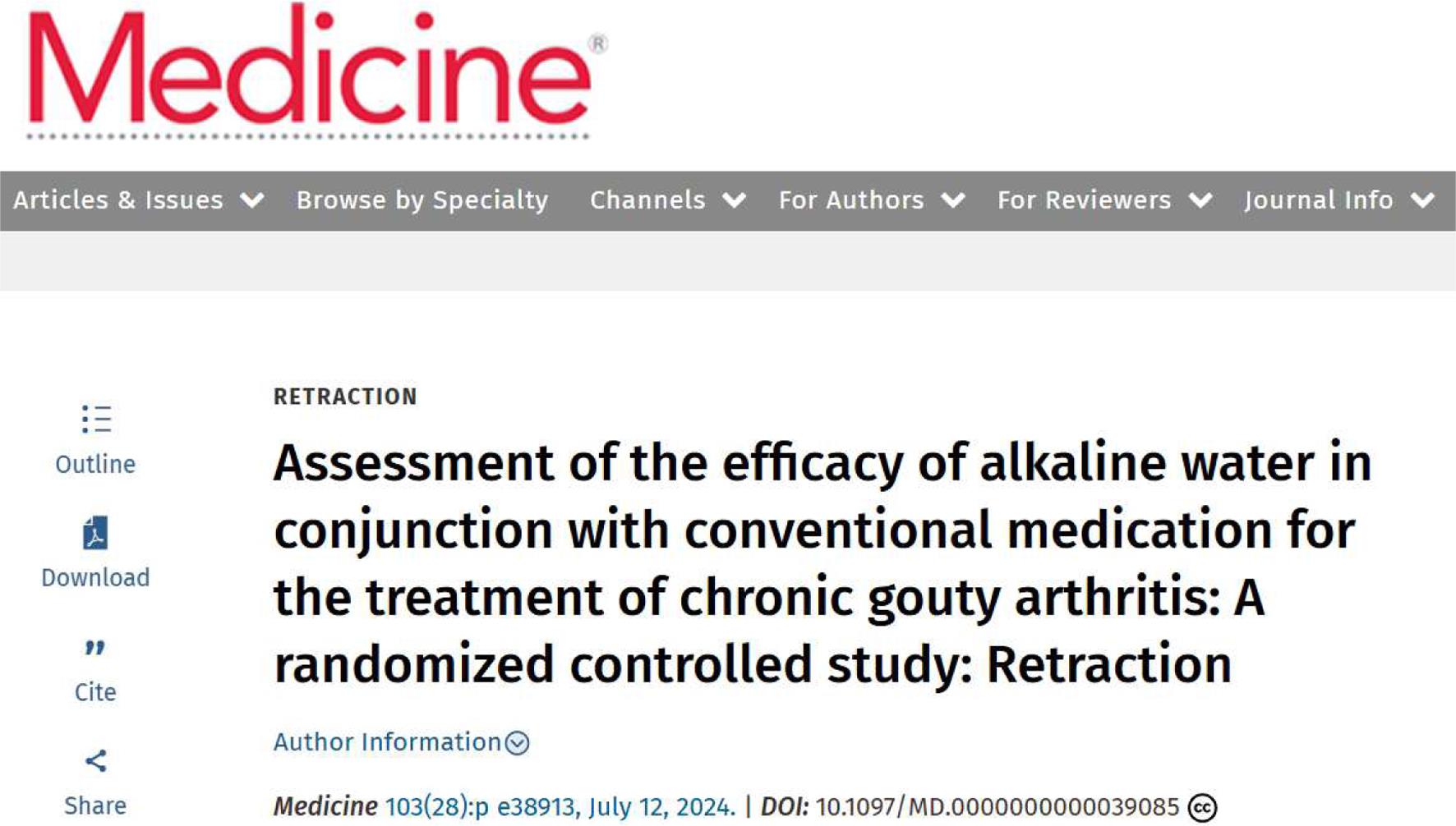 发表在<italic>Medicine</italic>上的一篇论文因“数据完整性和一个不准确图片引起了关注”而被撤稿（图片来自<italic>Medicine</italic> (lww.com)）。