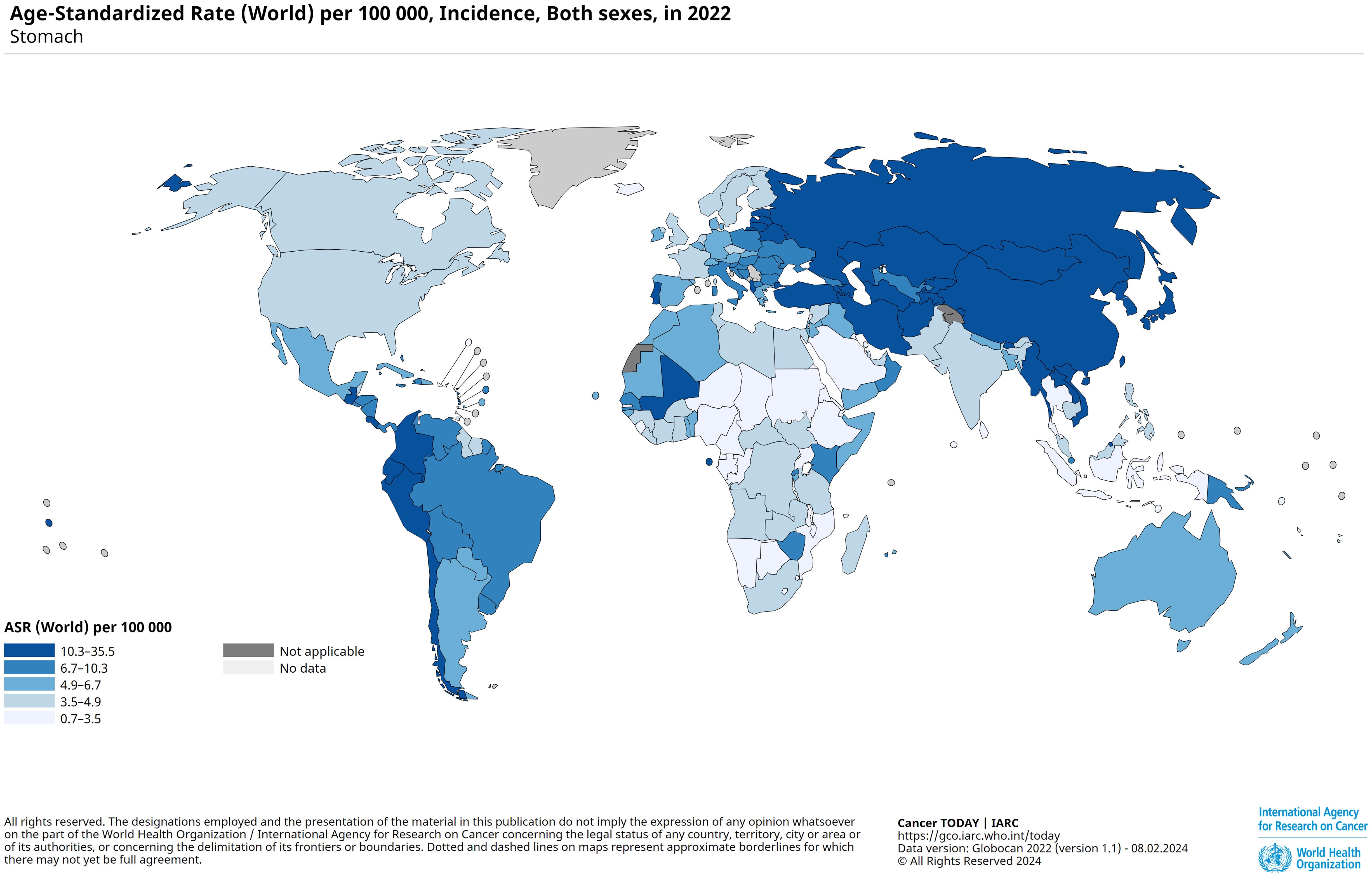 The incidence of gastric cancer worldwide, GLOBOCAN 2022.