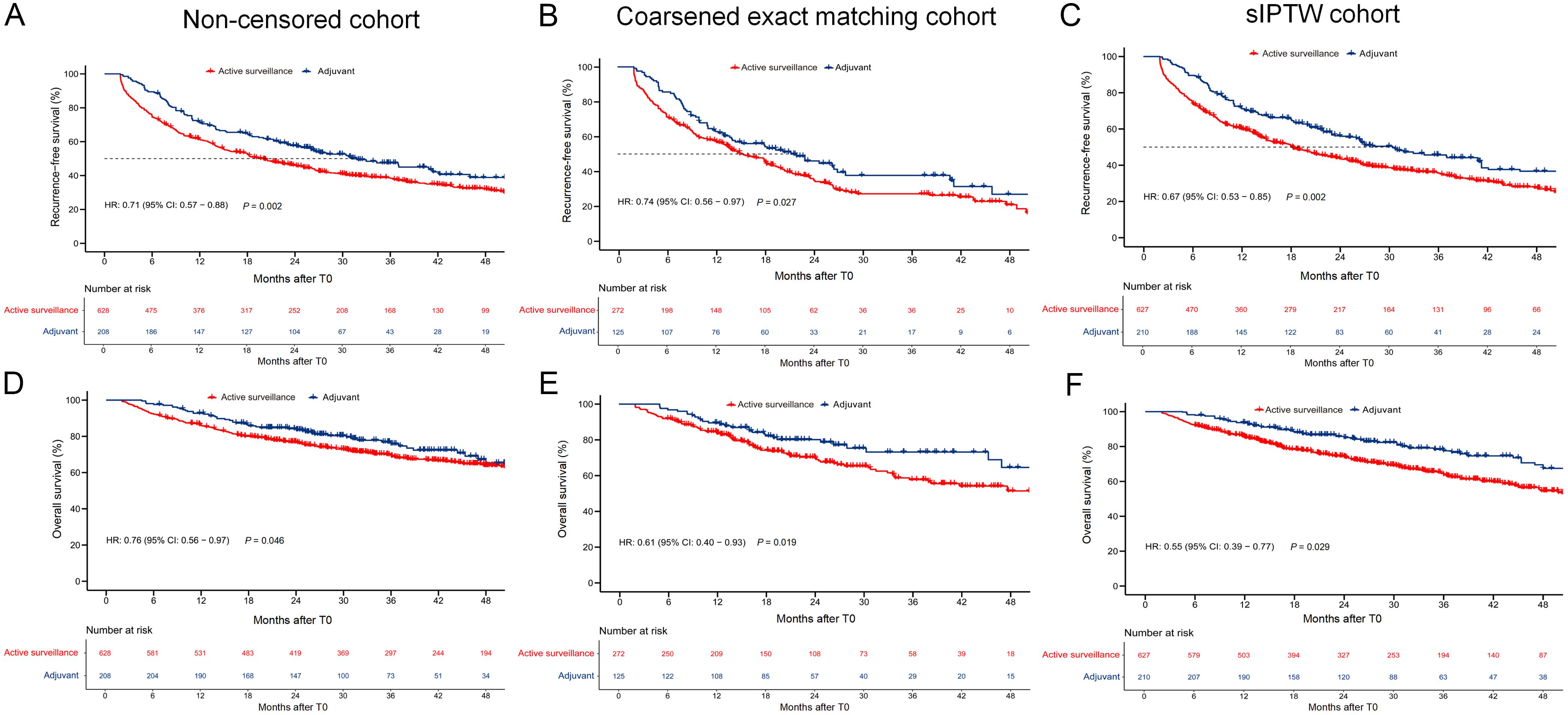 Sensitivity analyses of (A–C) recurrence-free survival and (D–F) overall survival in patients who received adjuvant therapy or active surveillance.