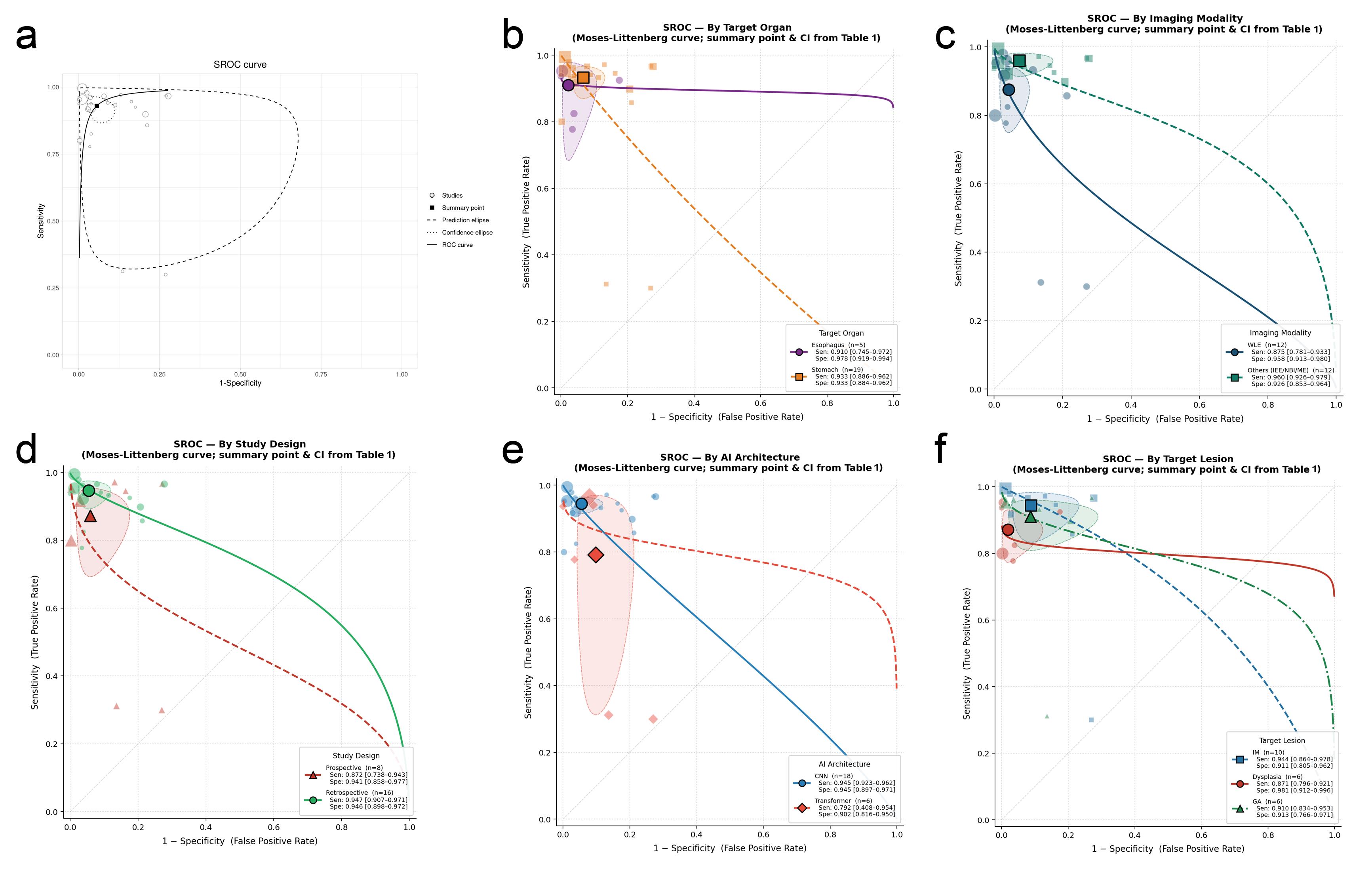SROC curves of AI model diagnostic performance.