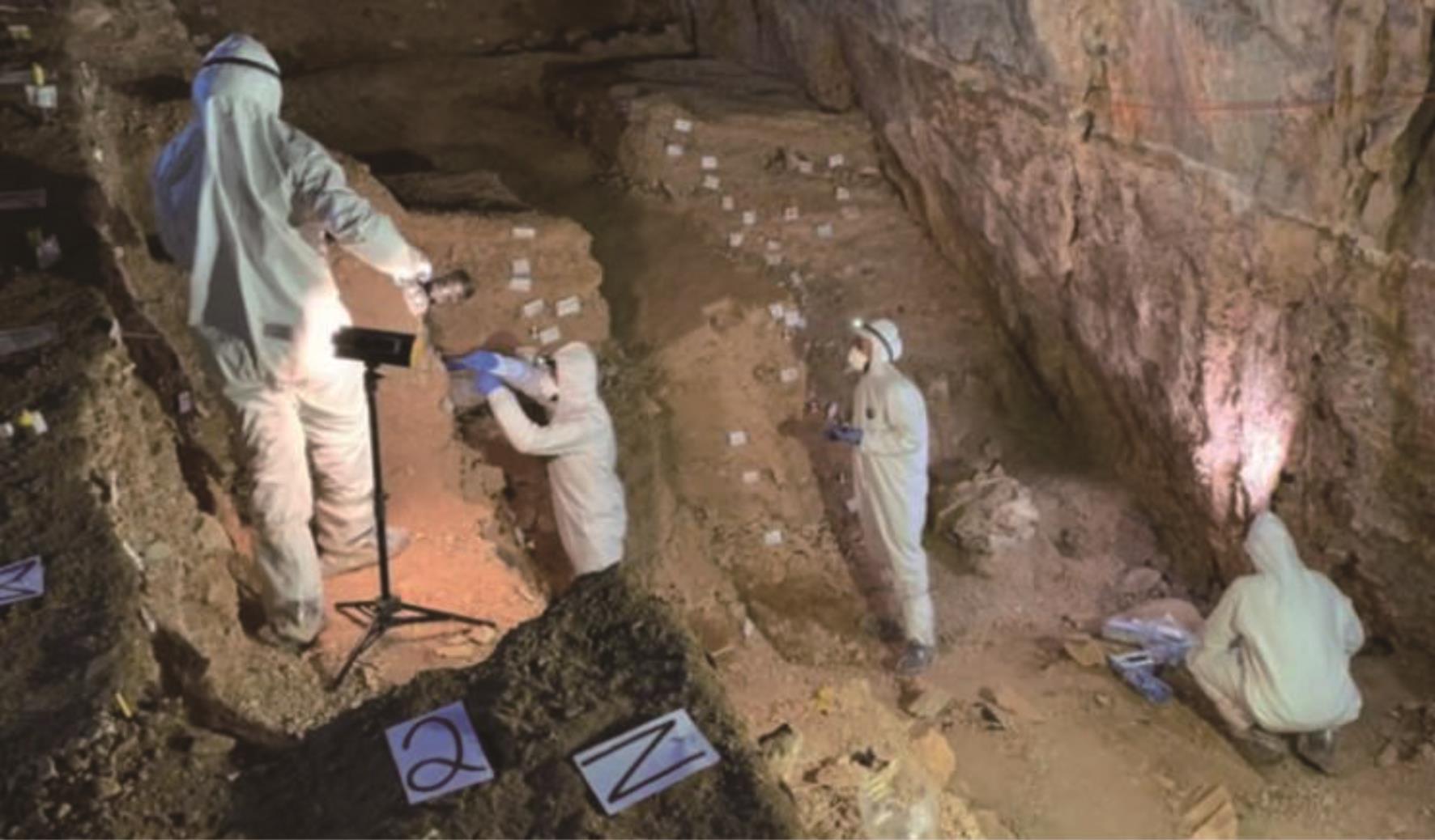  Chiquihuite 洞穴中考察的科学家。 