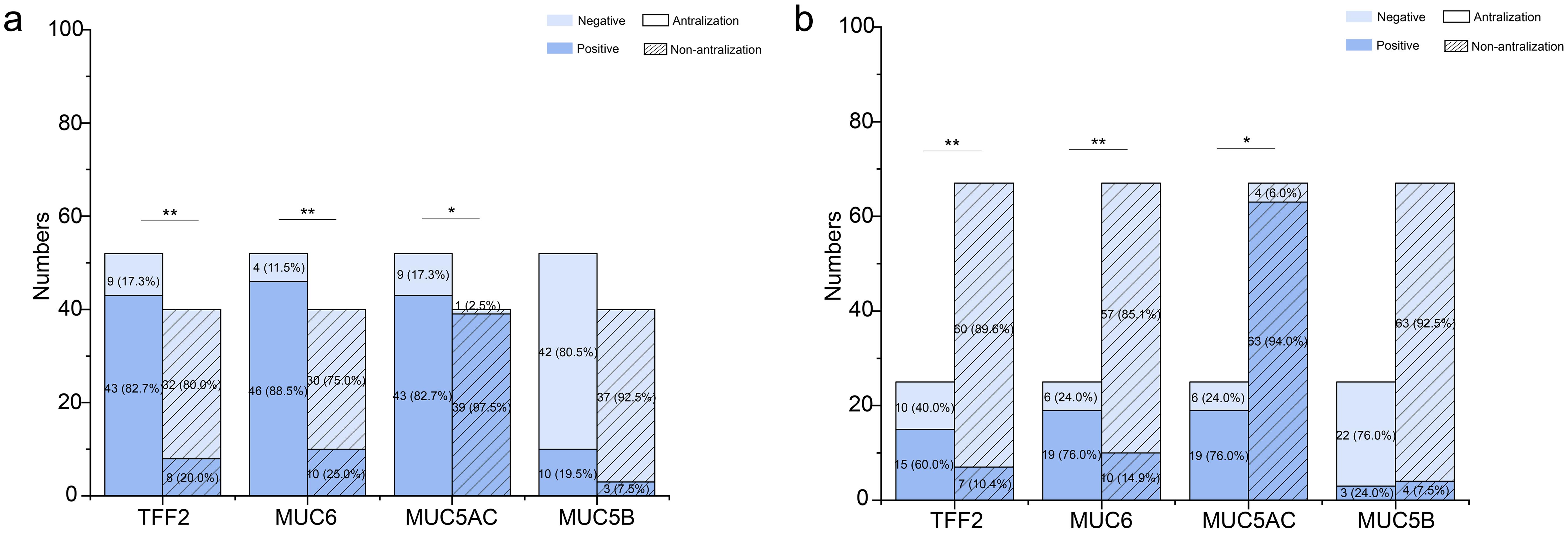 Gastric expression of trefoil factor 2 (TFF2) and mucins (MUC5AC, MUC6, and MUC5B) in patients with antralization and those without.