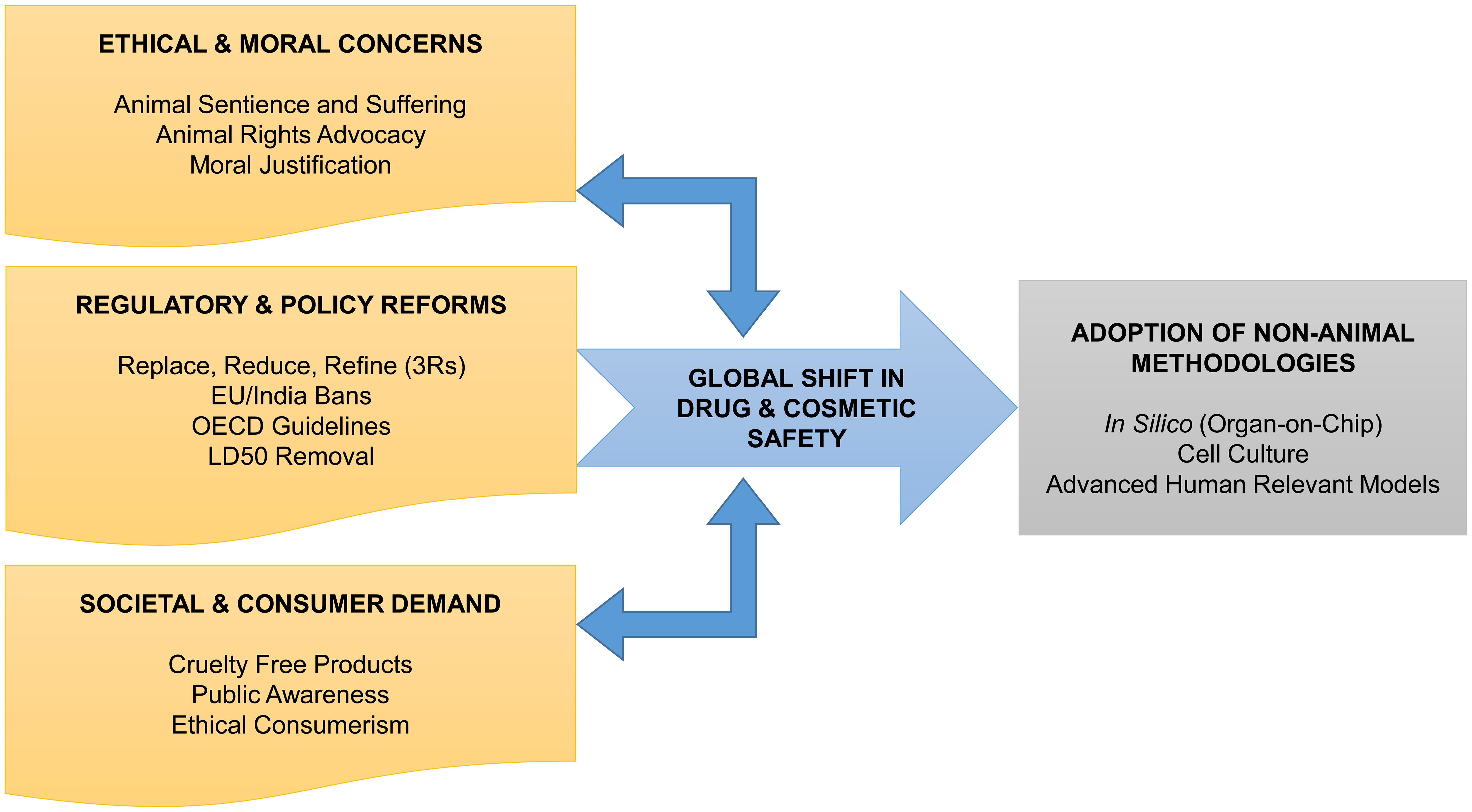 Drivers and mechanisms of the global transition toward non-animal methodologies in safety assessment.