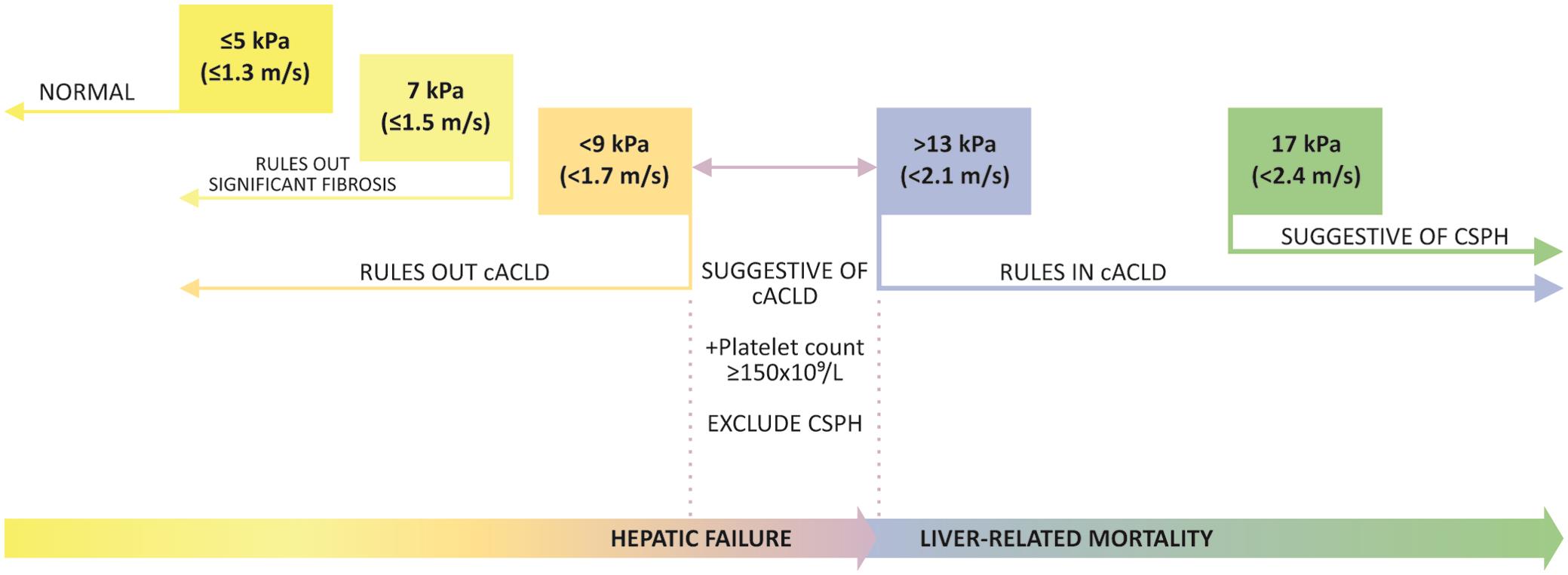 Schematic presentation of rule of four for LSM by SWE in viral hepatitis and NAFLD - recommendation adopted from Baveno VII consensus.