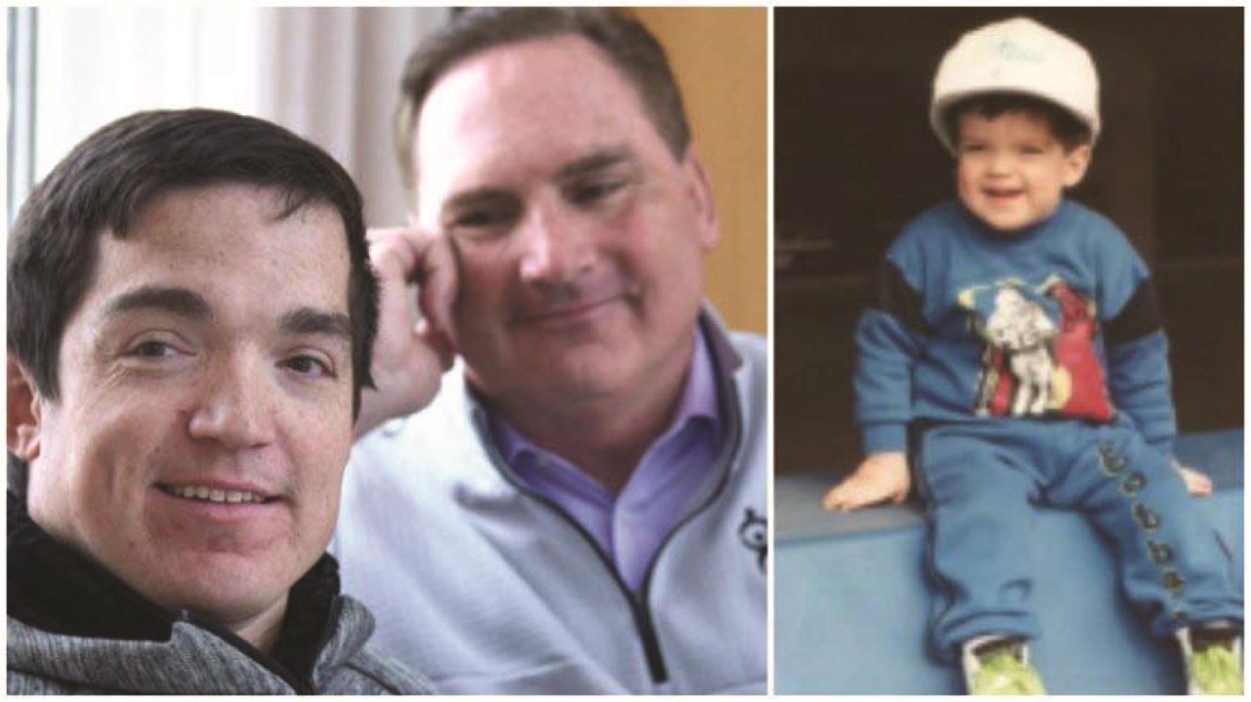 (a) 马克•丹特（Mark Dant）与儿子莱恩(左)照片；(b) 莱恩生下来（右）就患有一种罕见的疾病，预计将在10岁时结束生命，但现在他还很健康并从大学毕业。
