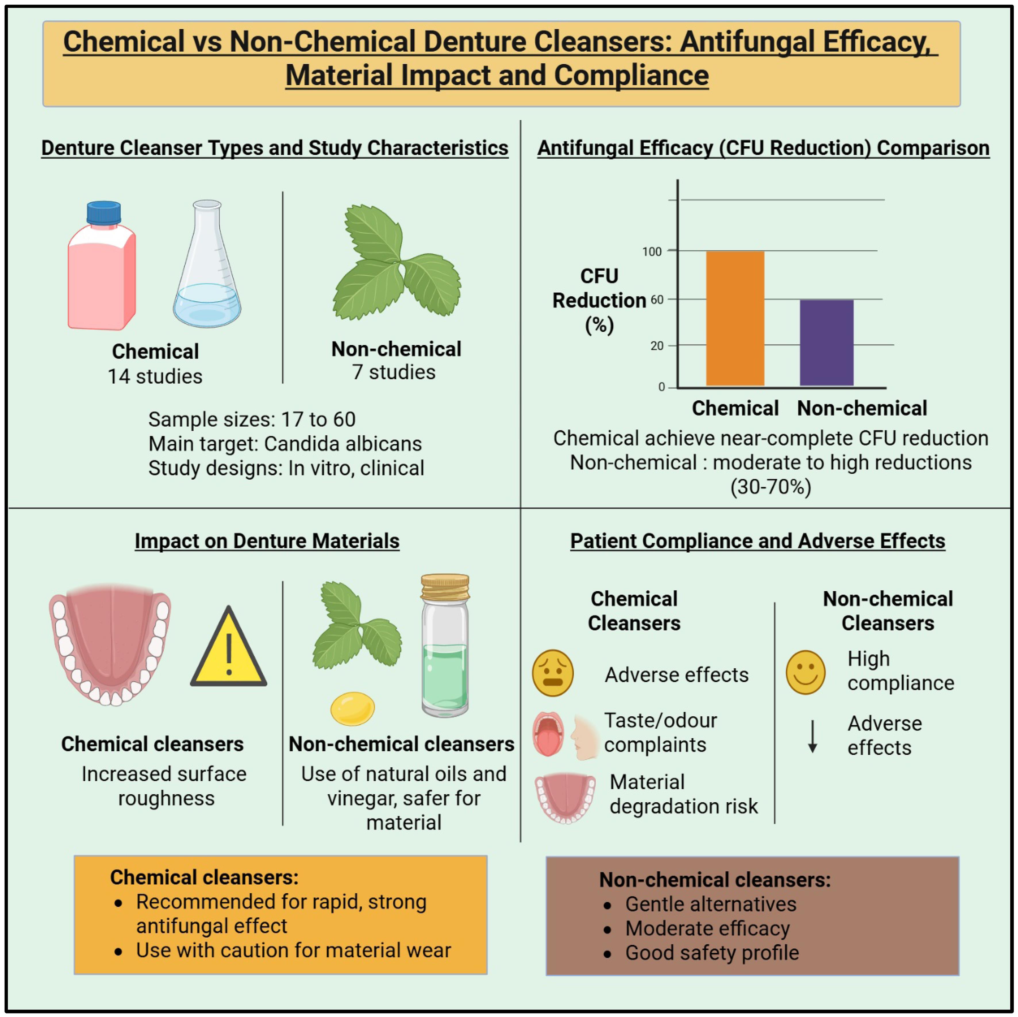 Antifungal activity and material effects of chemical and non-chemical denture cleansers [Comparison between chemical and non-chemical denture cleansers in terms of <italic>Candida</italic> reduction and material effects].
