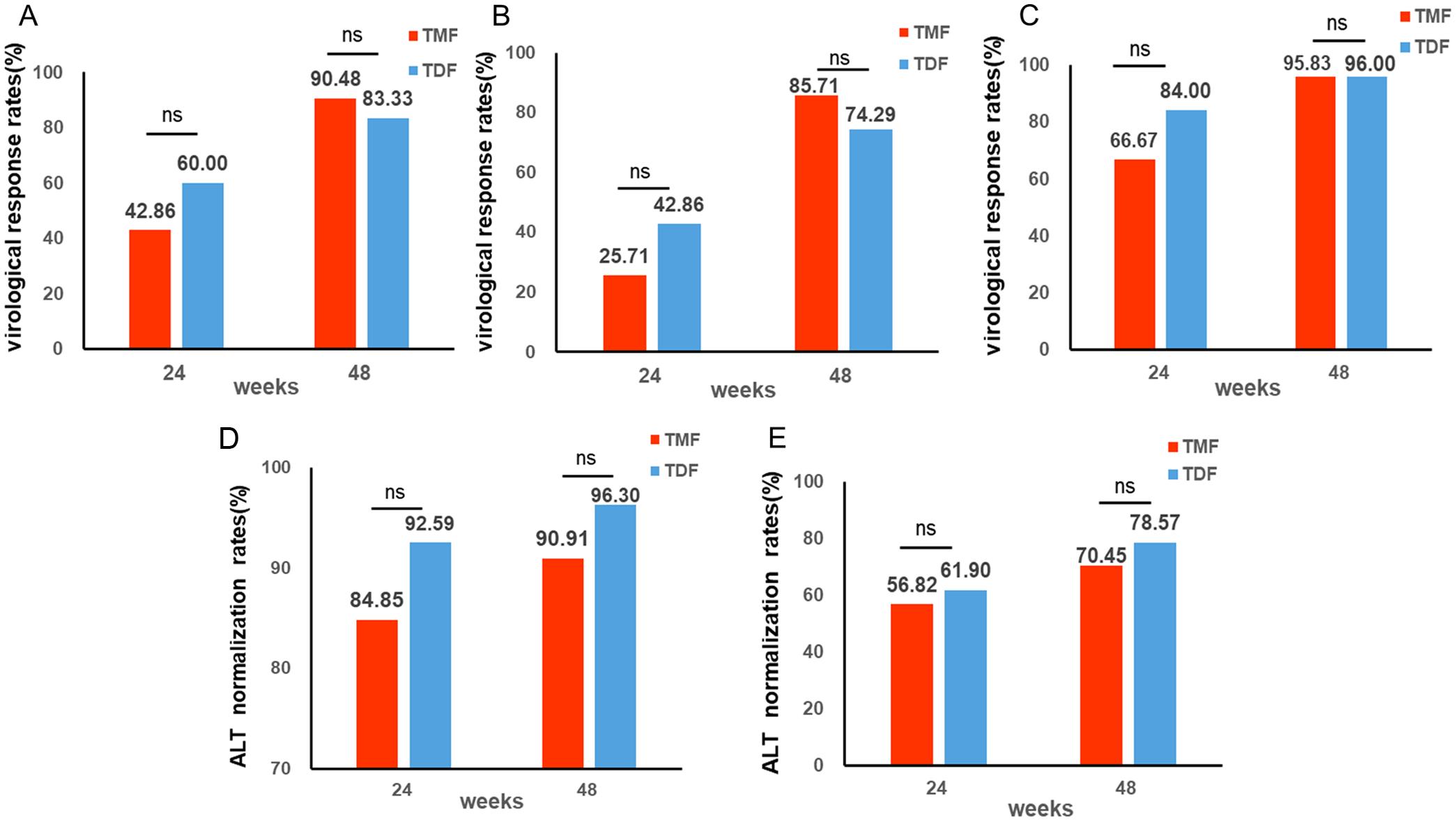 Antiviral effectiveness and ALT normalization rate in the TN group.