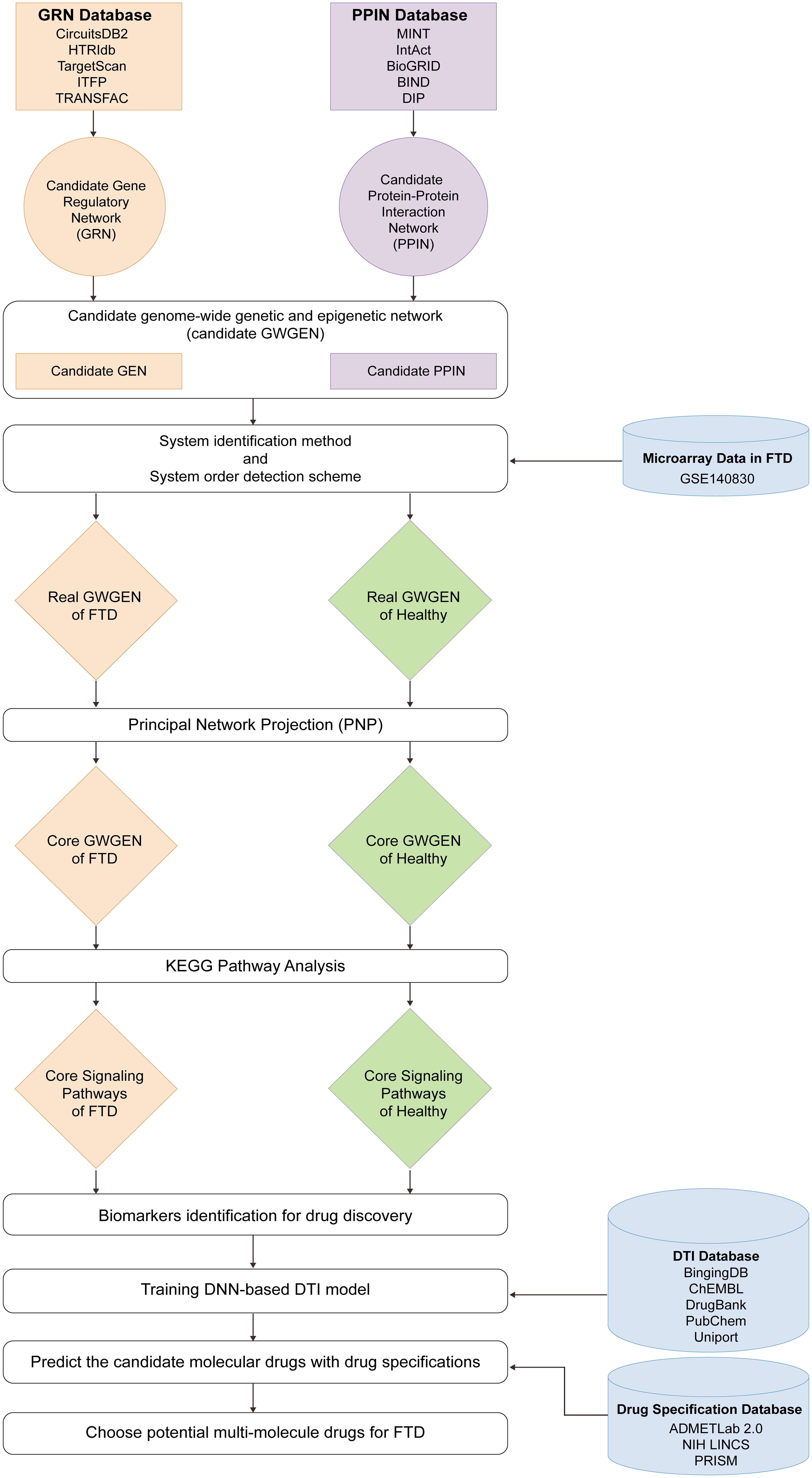 The flowchart of systems drug discovery for therapeutic treatment of frontotemporal dementia (FTD).
