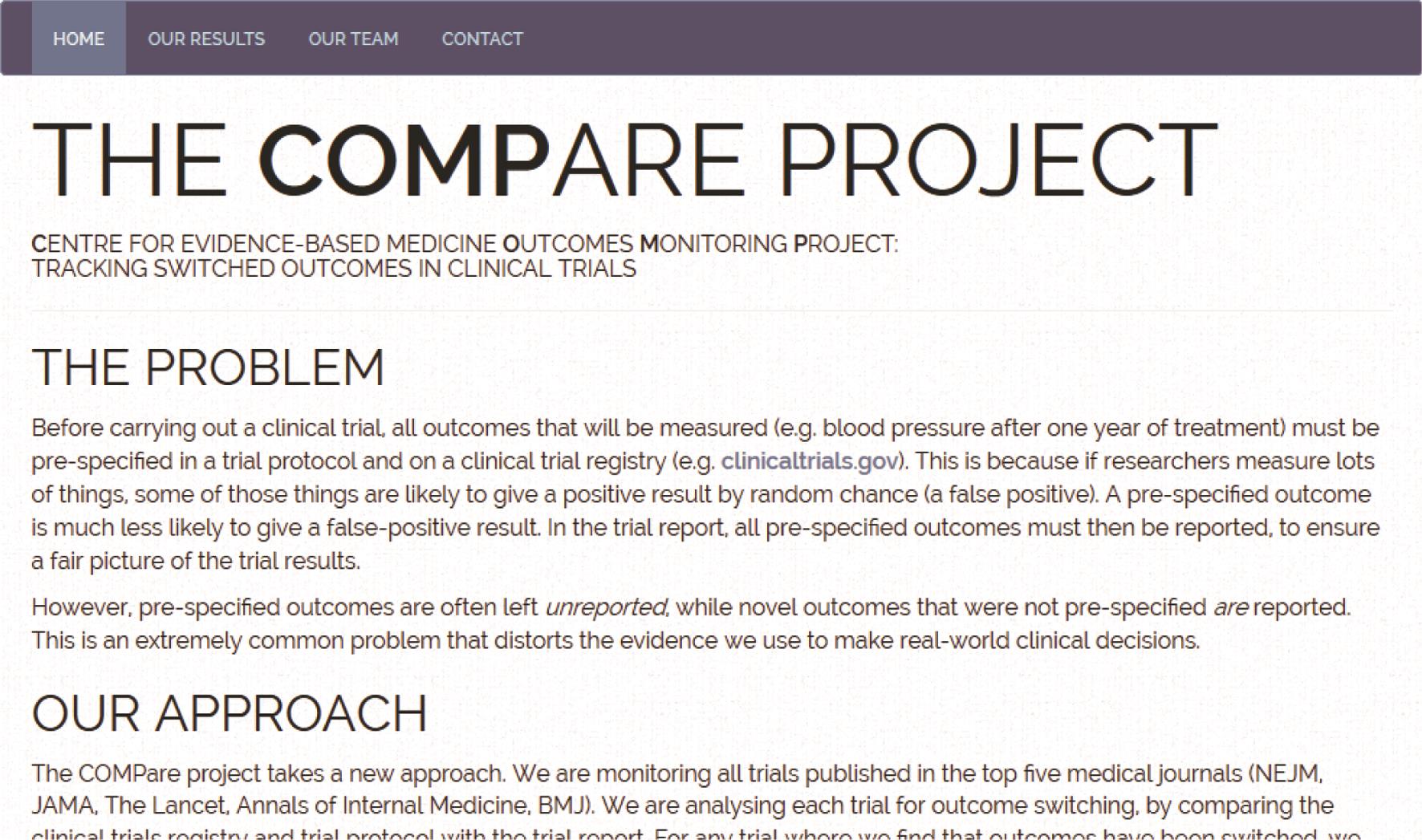图为循证医学结果监测项目中心 Centre for Evidence-Based Medicine Outcome Monitoring Project (COMPare) 项目。