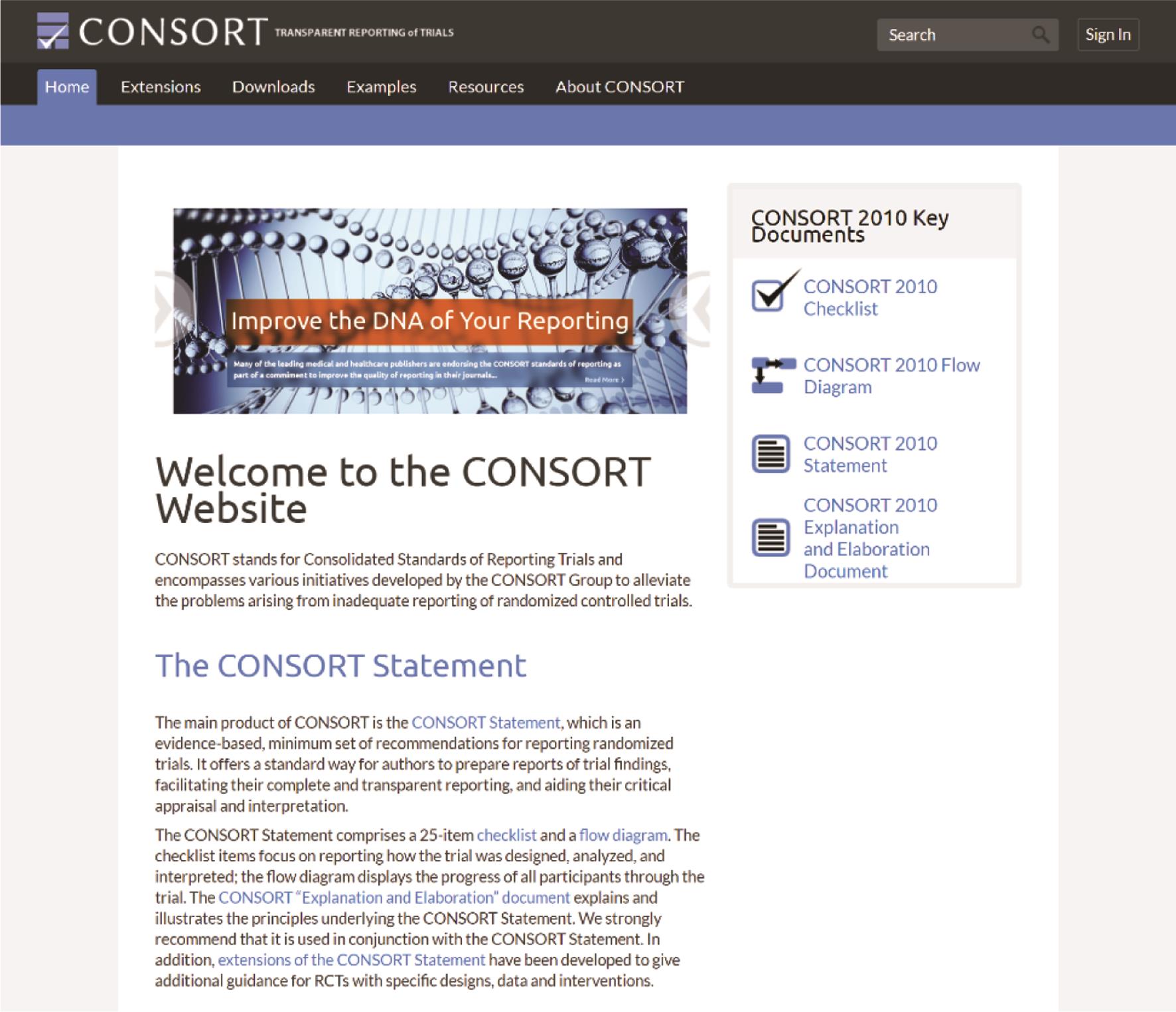 图为 Consolidated Standards of Reporting Trials (CONSORT) 官方网站页面。