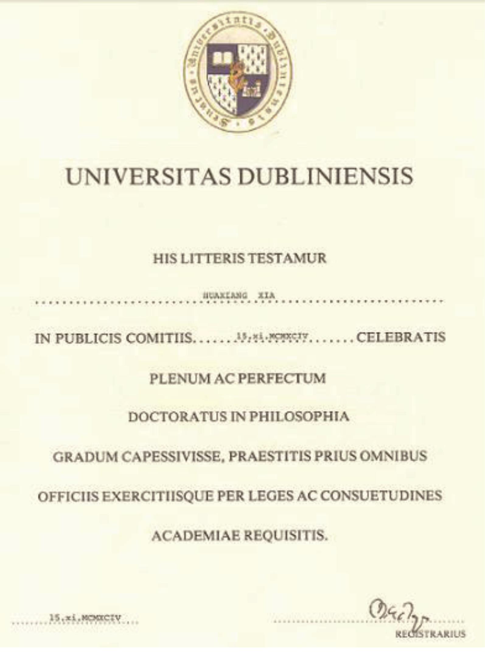 都柏林大学授予我的用拉丁文写的博士学位证书。