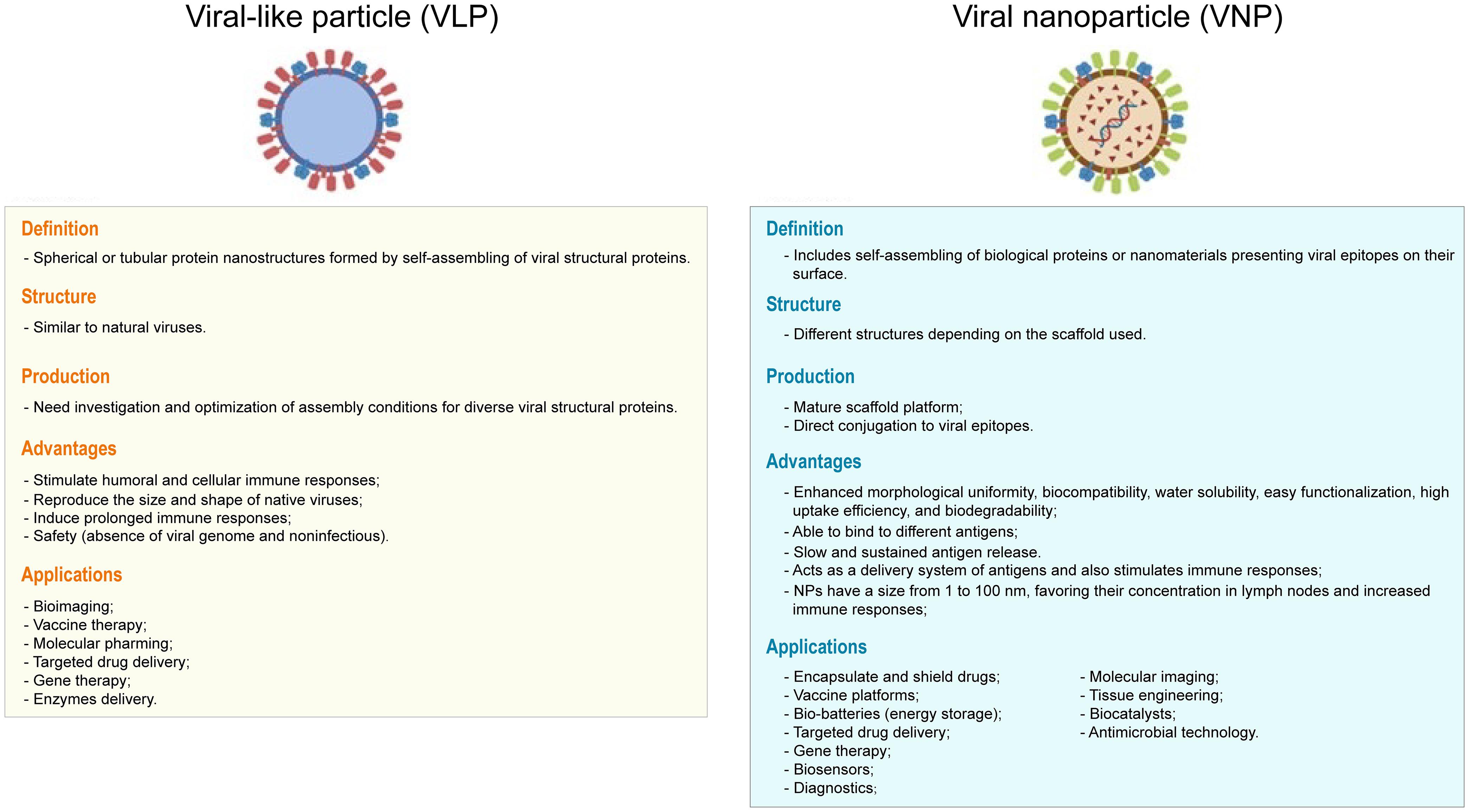 Comparison between virus-like particles (VLPs) and viral nanoparticles (VNPs).