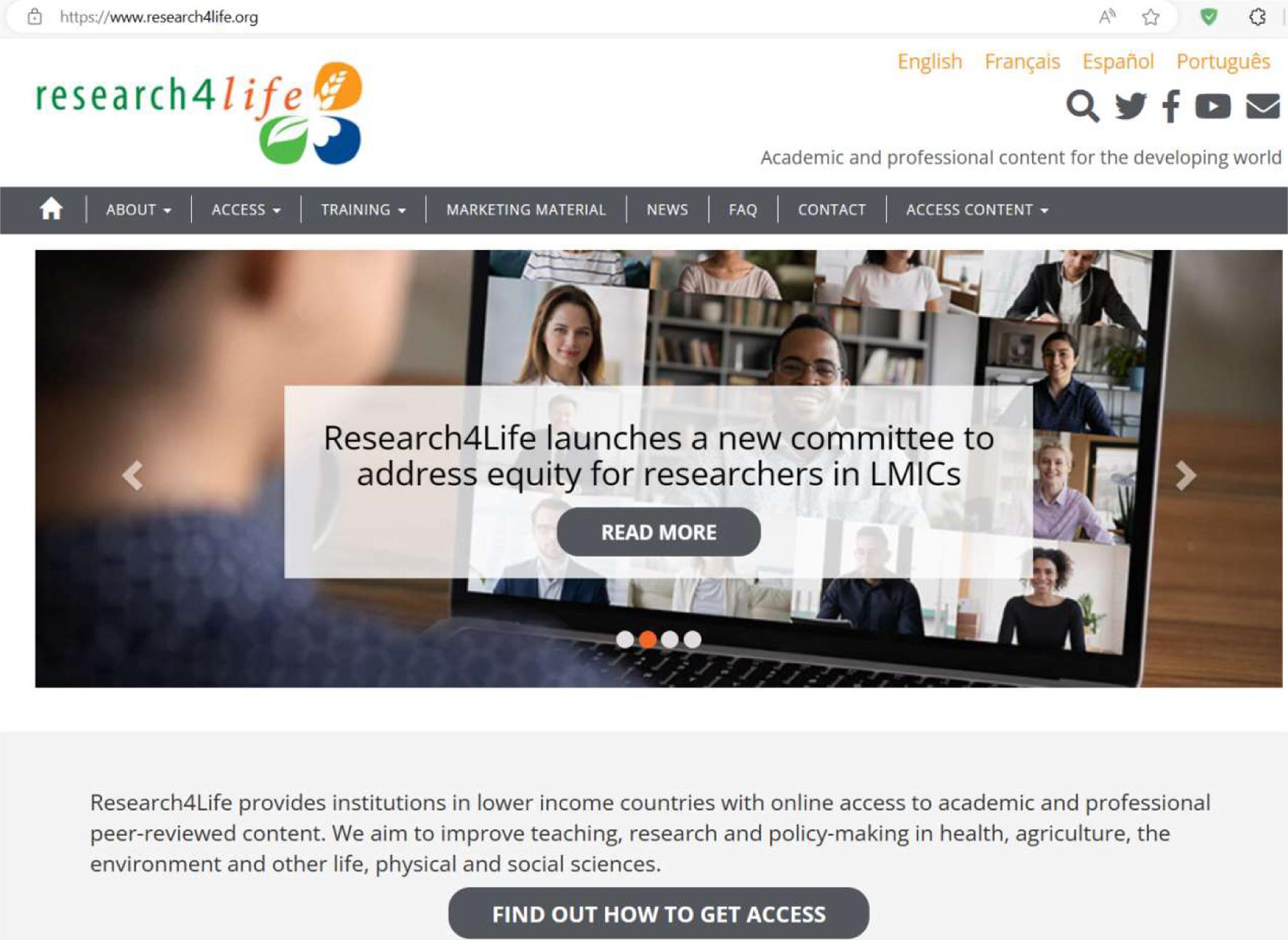 Research4Life，一家为“低收入和中等收入国家的机构提供在线获取学术和专业同行评审内容”的慈善组织（截图来自Research4Life官网Home - Research4Life）。