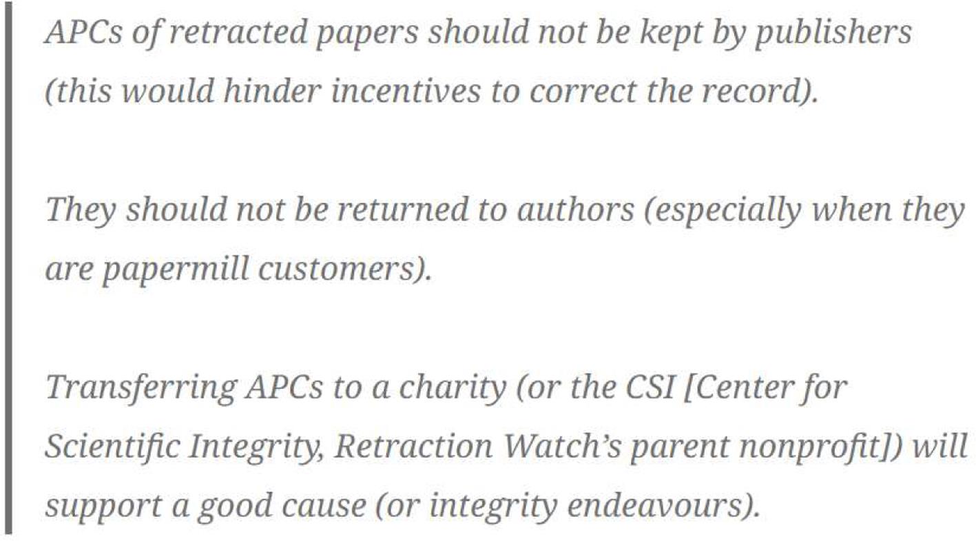 Cabanac建议撤回论文的APCs不应被出版商保留，也不应退还给作者，而是将APCs转给慈善机构（截图来自Publisher donating author fees from retracted articles to charity – Retraction Watch）。