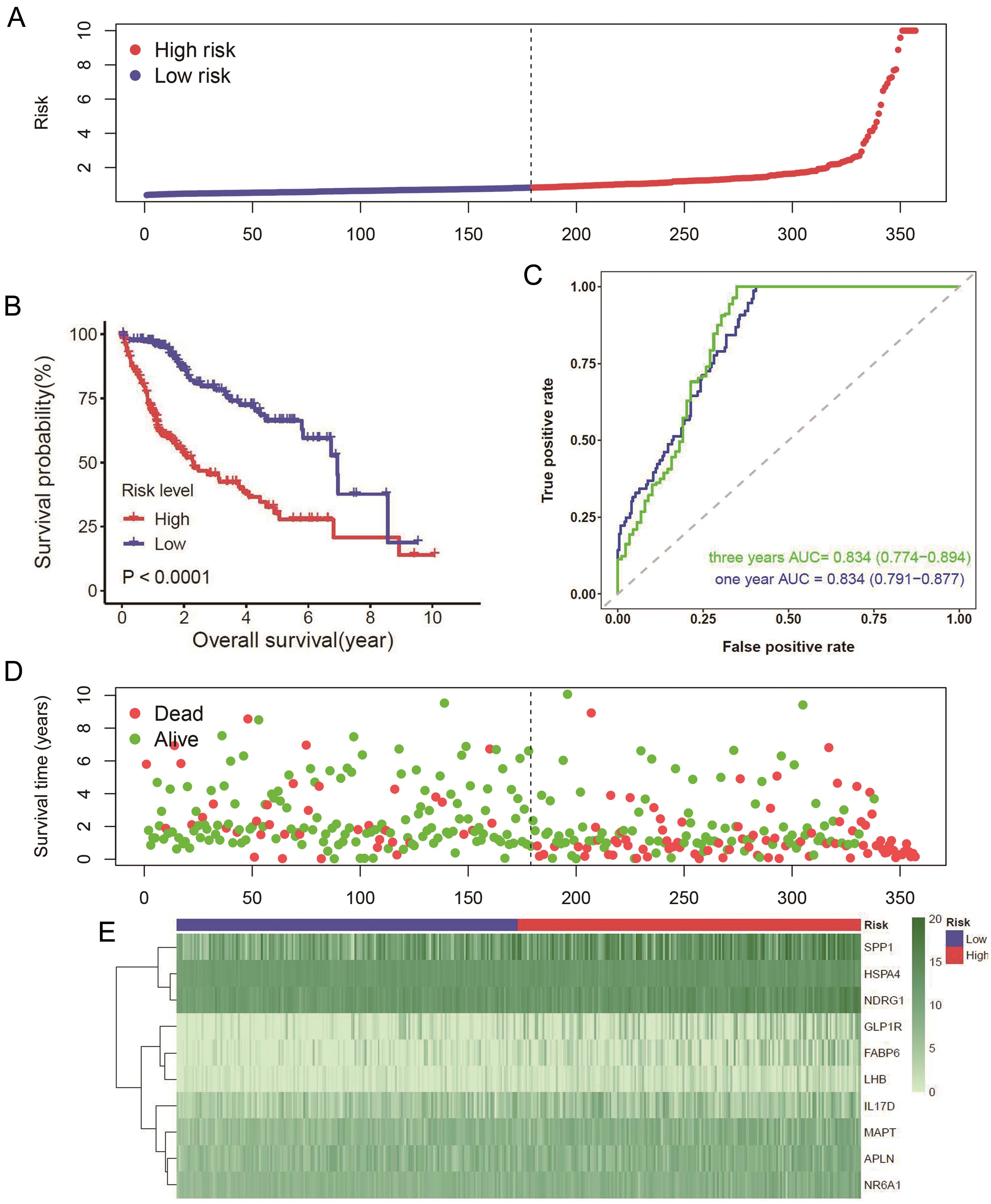 Validation of the prognostic model based on the 10 immune-related differentially expressed genes (IR-DEGs) for hepatocellular carcinoma (HCC).