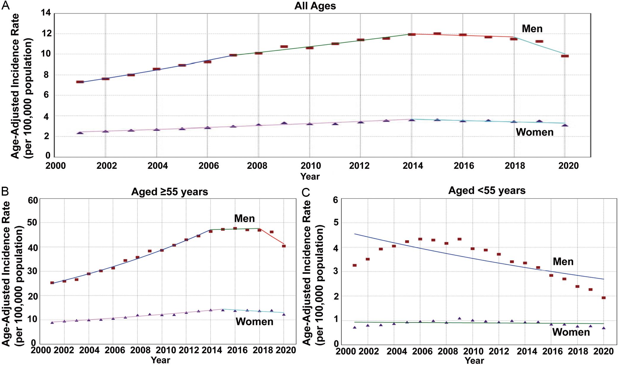 Sex-specific trends and age-adjusted incidence rates per 100,000 population for Hepatocellular Carcinoma (HCC) among different age groups.