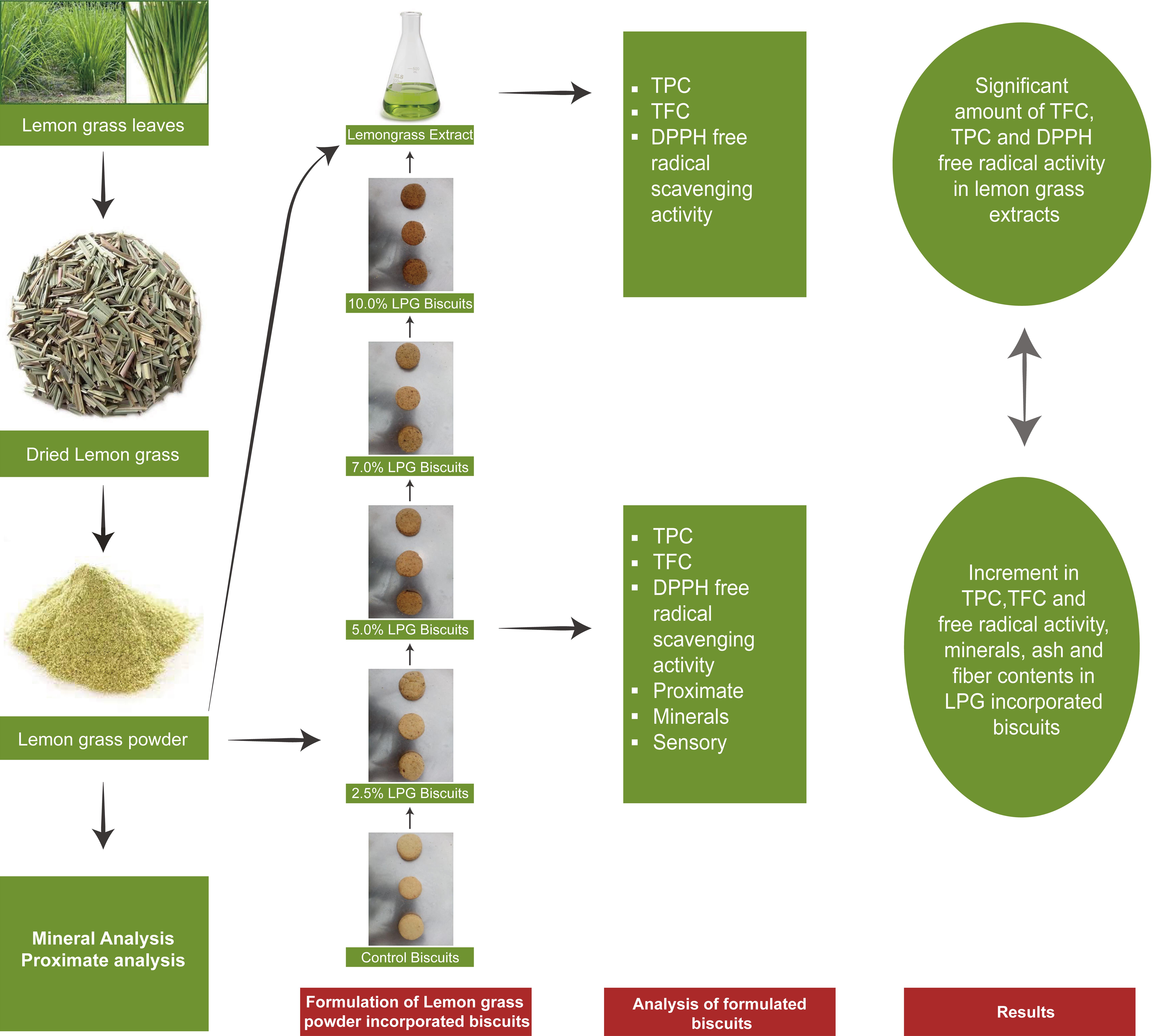 Summarized work plan, conducted on lemongrass and lemongrass powder incorporated biscuits.