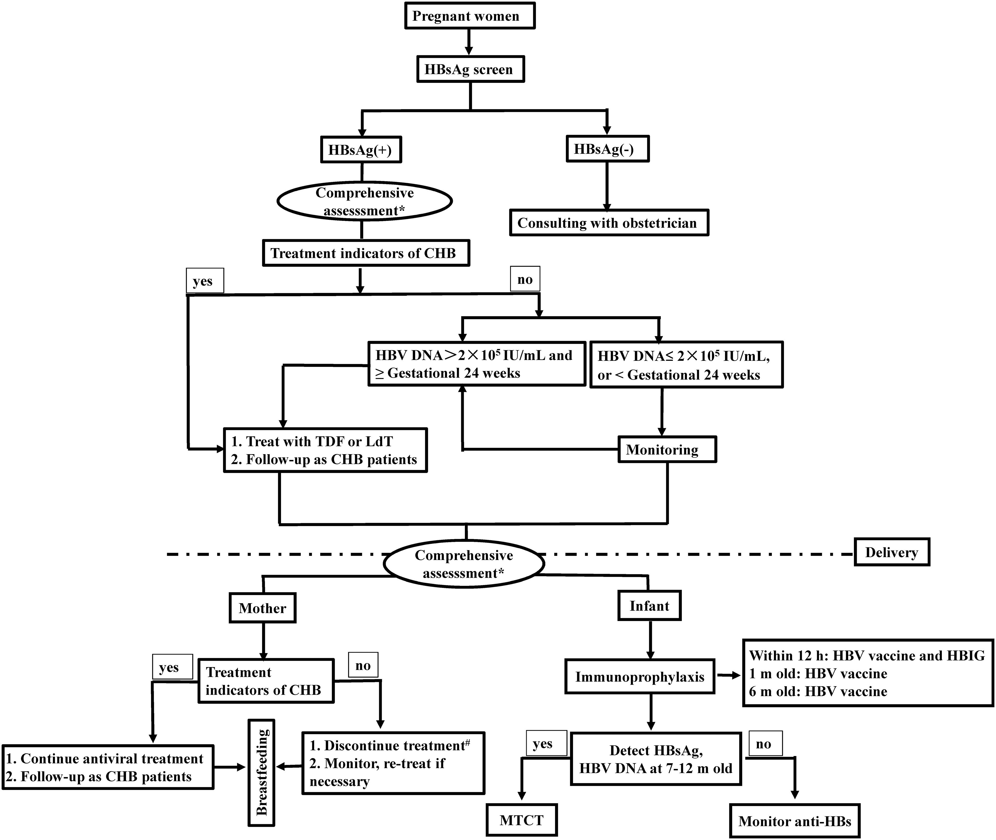 Management algorithm for mother-to-child transmission of hepatitis B virus. *Comprehensive assessment: liver biochemical function, HBV DNA, imaging assessment; <sup>#</sup>Time to discontinue treatment: at delivery, postpartum 1 or 3 m old.