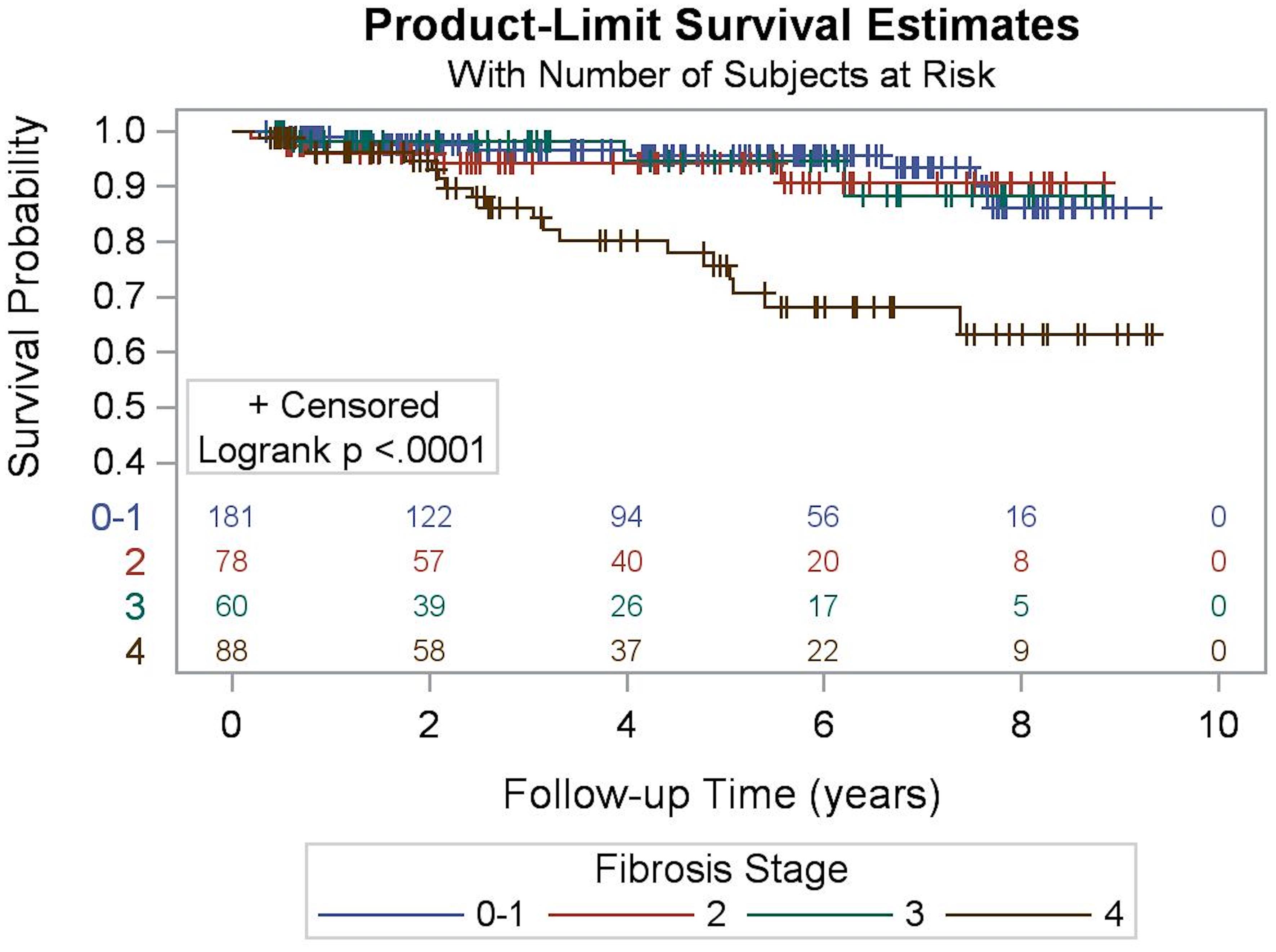 Overall survival according to index liver fibrosis staging.