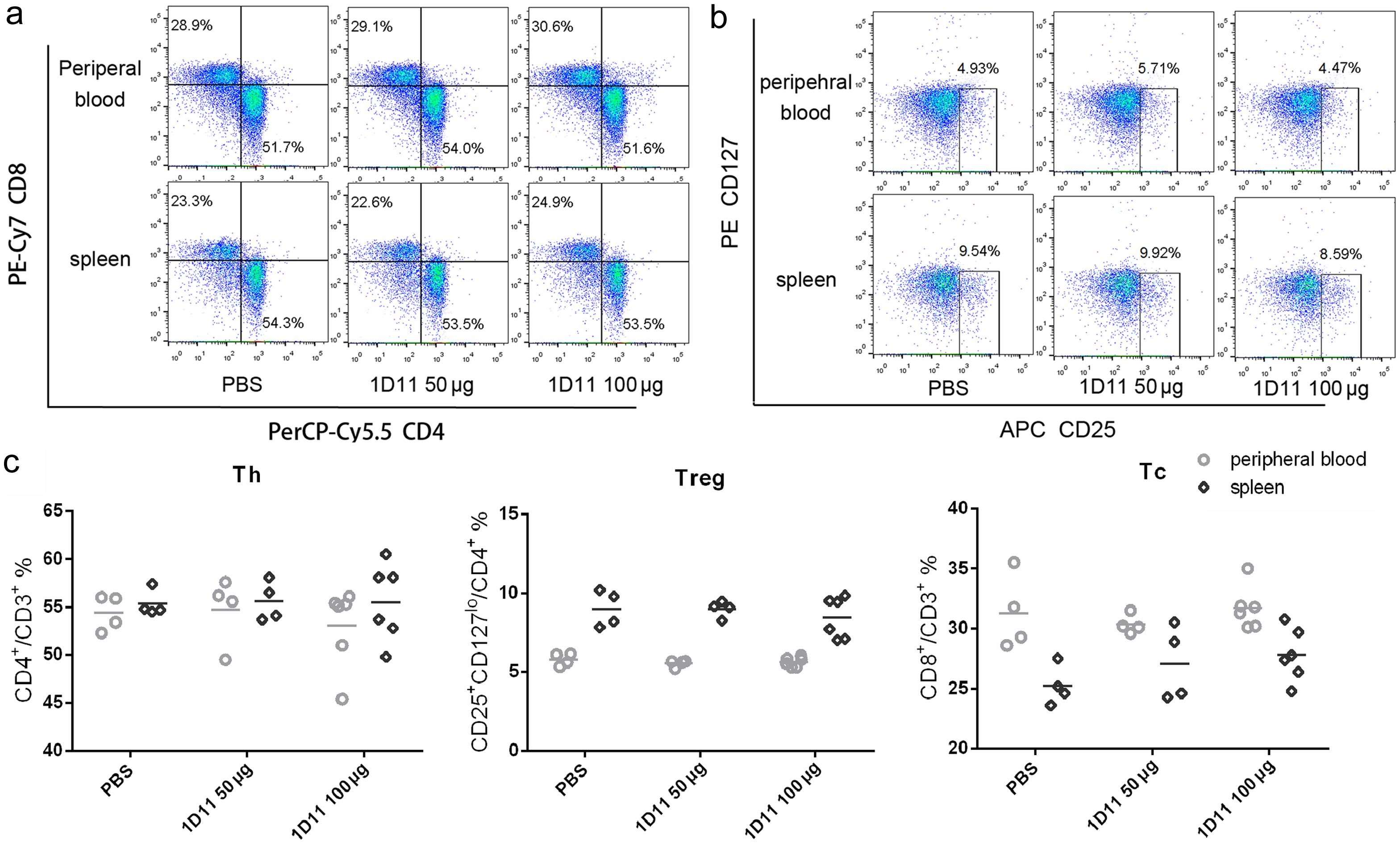 T cell subset frequencies in peripheral blood and spleen after TGF-β blockade.