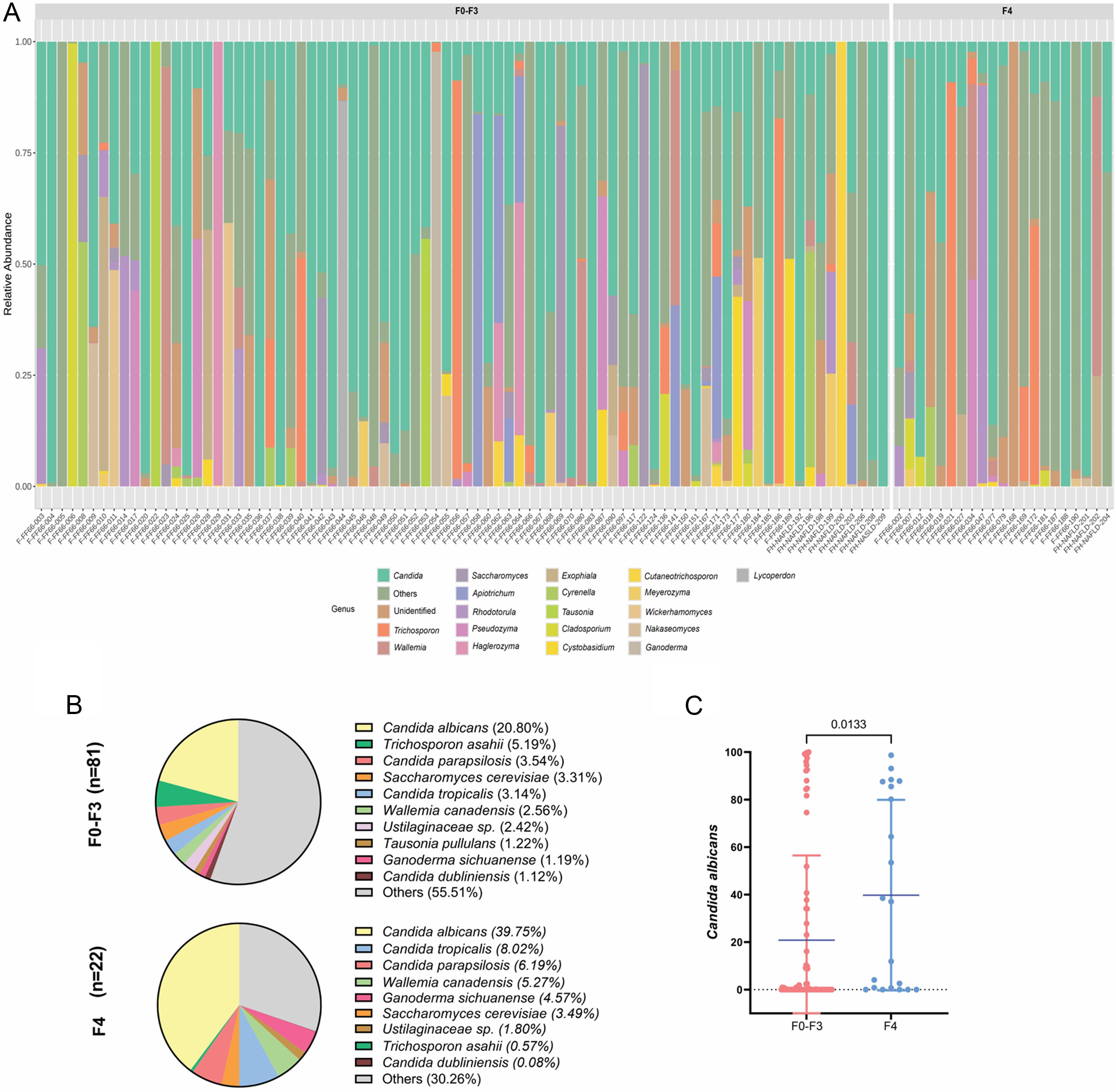Gut mycobiome composition at the species level between the F0-F3 and F4 groups (A) Relative abundance, (B) Pie chart (or LEfSe analysis) of the species composition, (C) Relative abundance of <italic>Candida albicans.</italic>