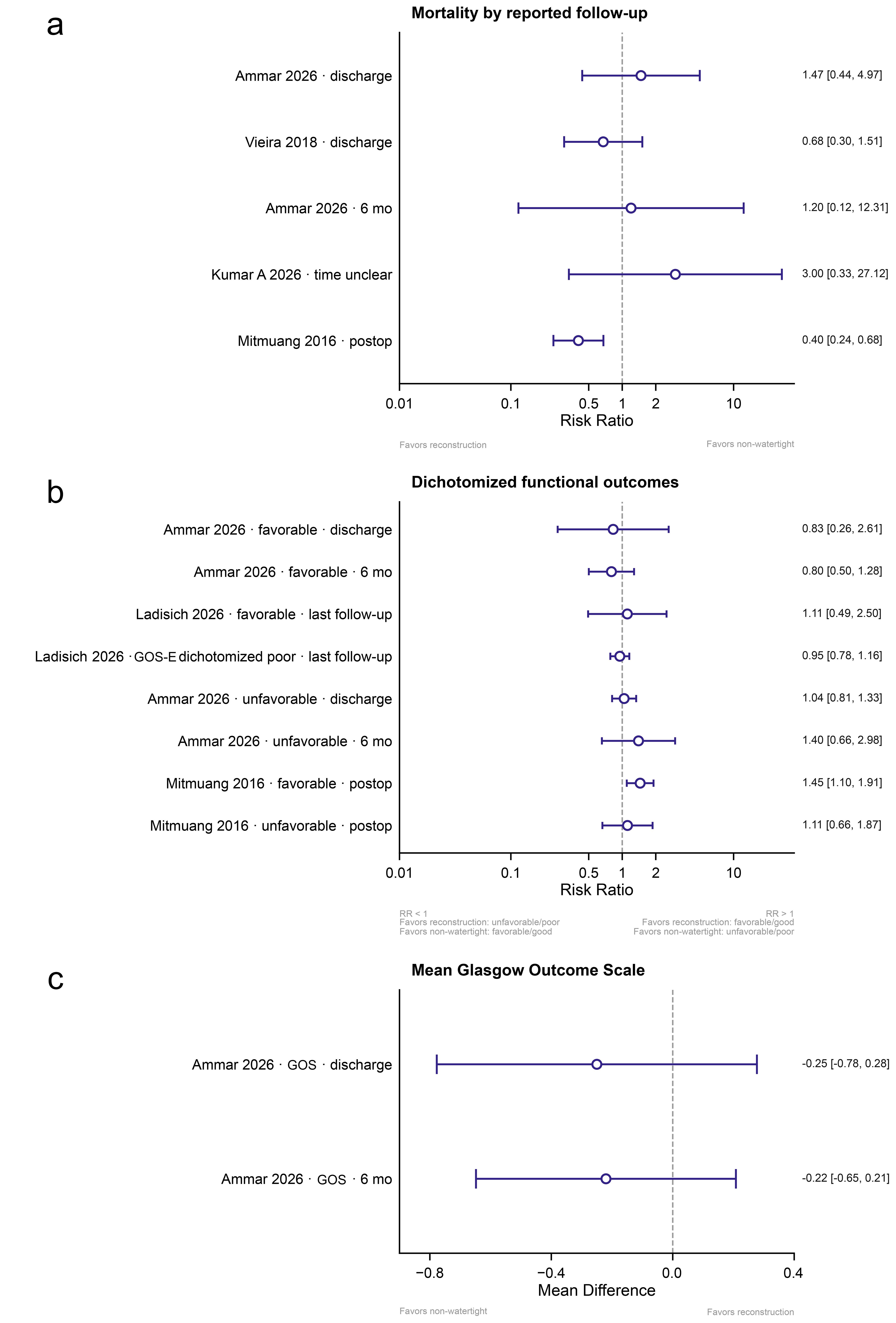 Mortality and functional outcomes after dural reconstruction: individual-study effects without pooled estimates.