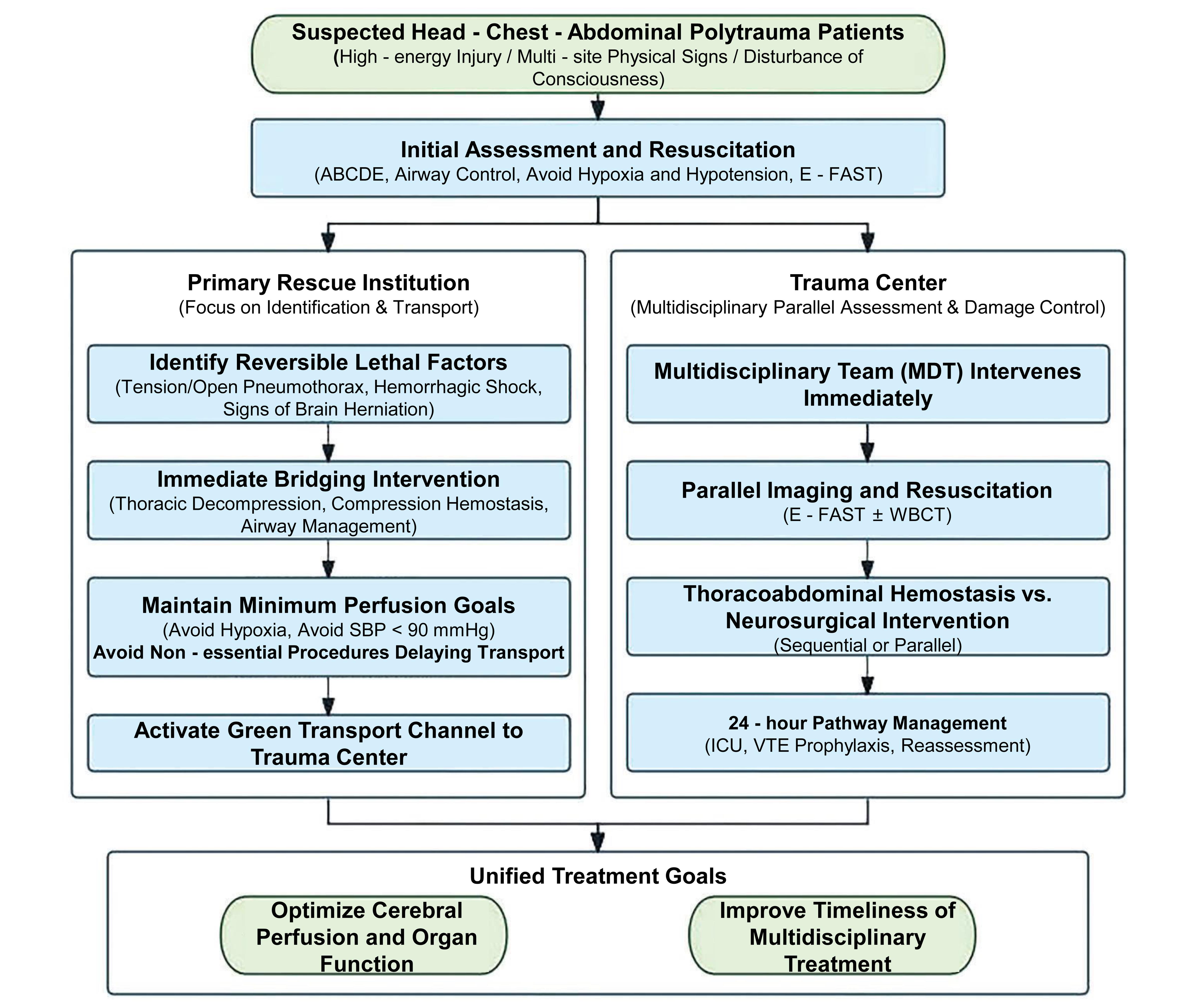 Tiered management pathway for head, thoracic, abdominal, and pelvic polytrauma across different levels of medical institutions.