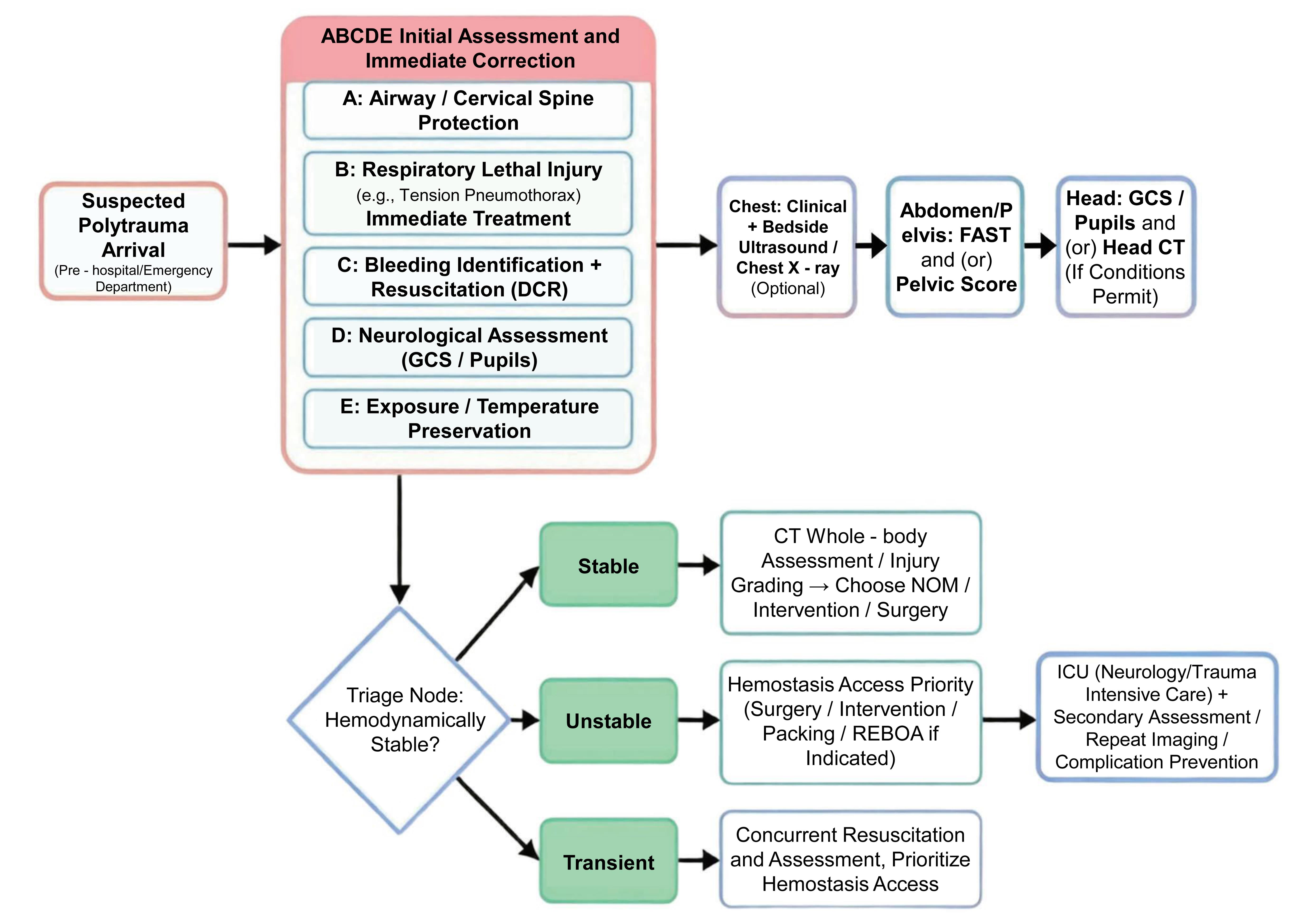 Overall management algorithm for head, thoracic, abdominal, and pelvic polytrauma.