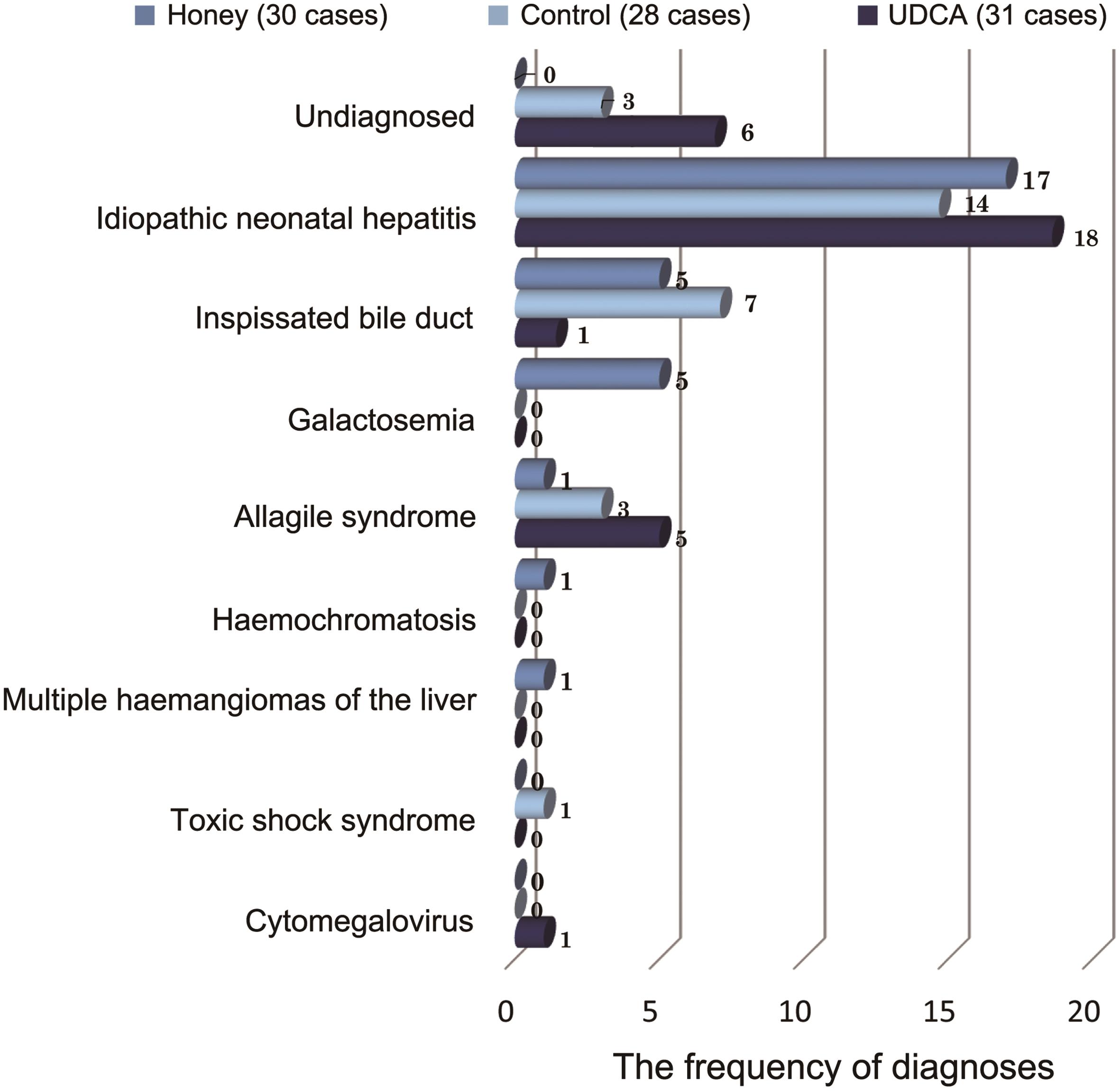 Final diagnoses of the studied infants who received honey or ursodeoxycholic acid compared to the control group.