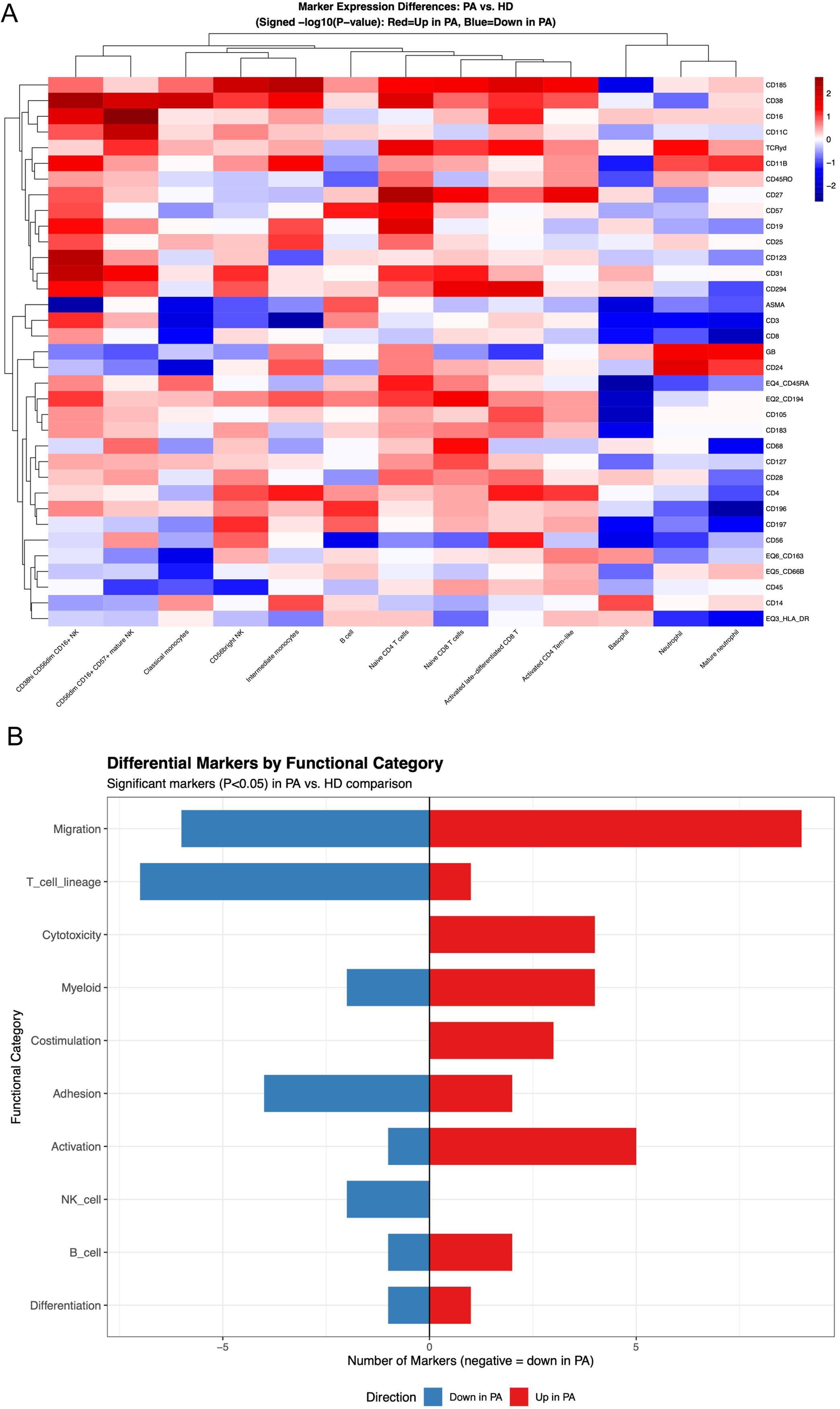Overview of differential marker expression across immune cell clusters.