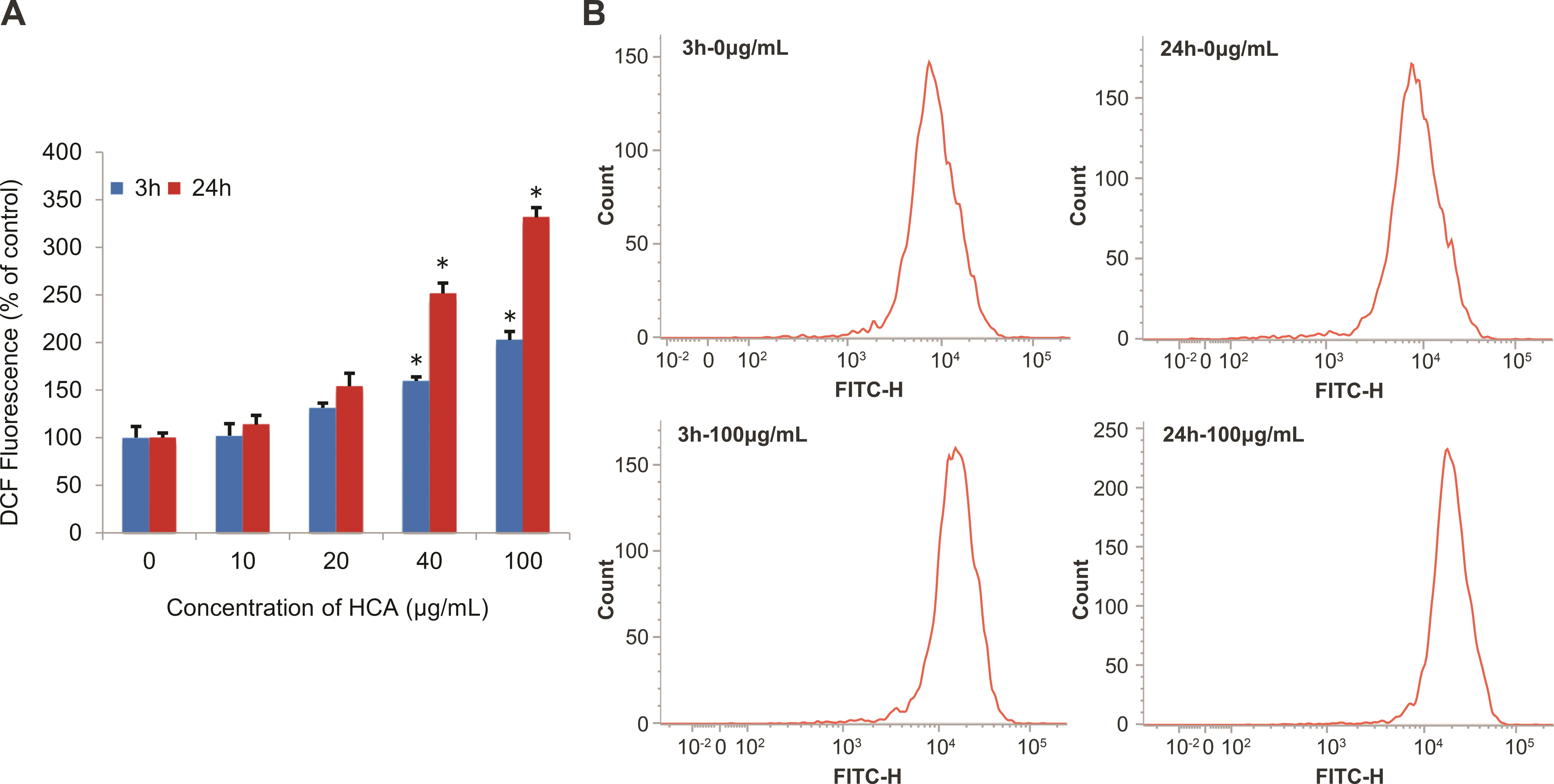 Dose-dependent induction of ROS generation in human lymphocytes treated with 0, 10, 20, 40 or 100 µg/mL HCA for 3 h and 24 h. 