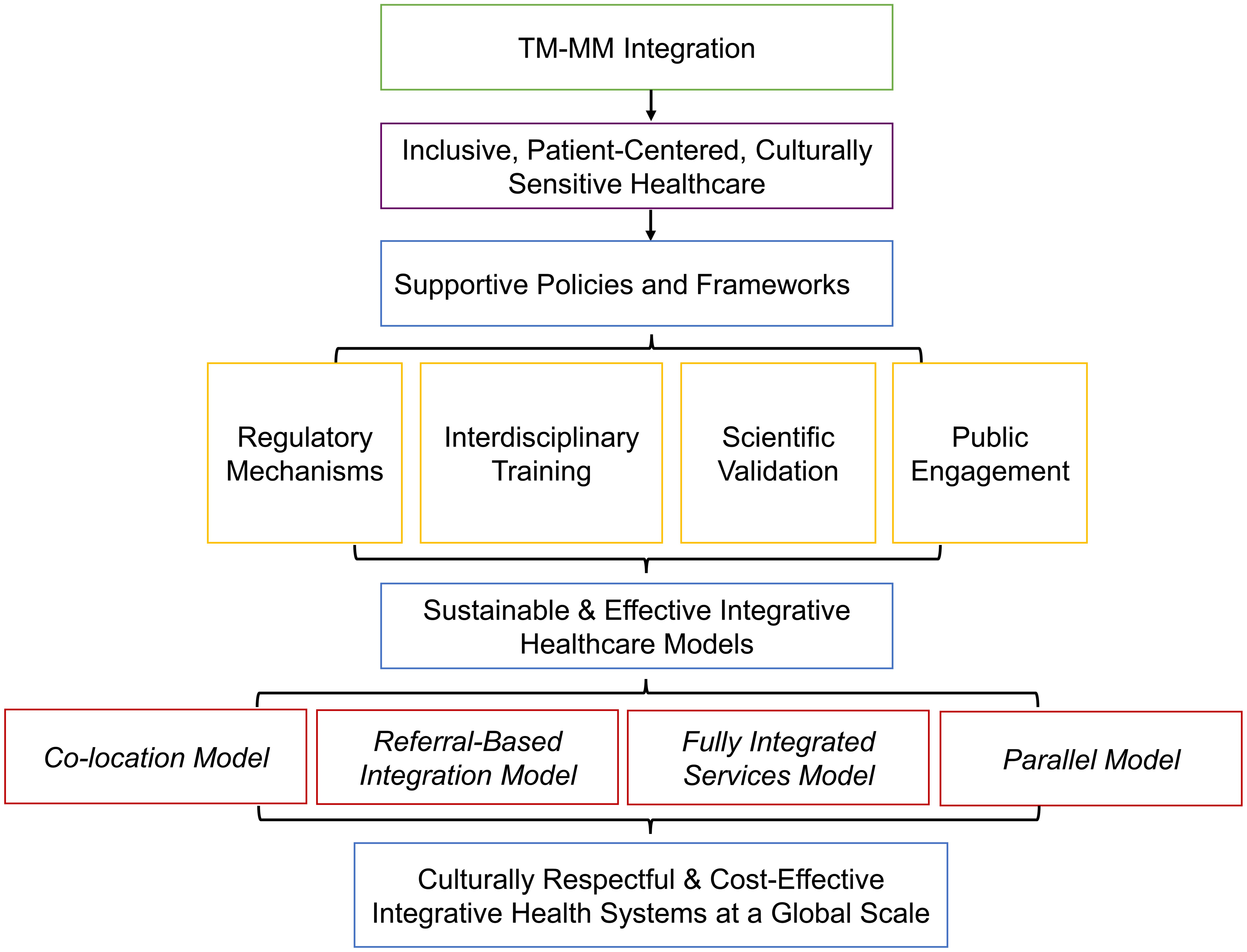 A structured framework supporting the integration of traditional medicine (TM) and modern medicine (MM), promoting inclusive, patient-centered care and enabling policies.