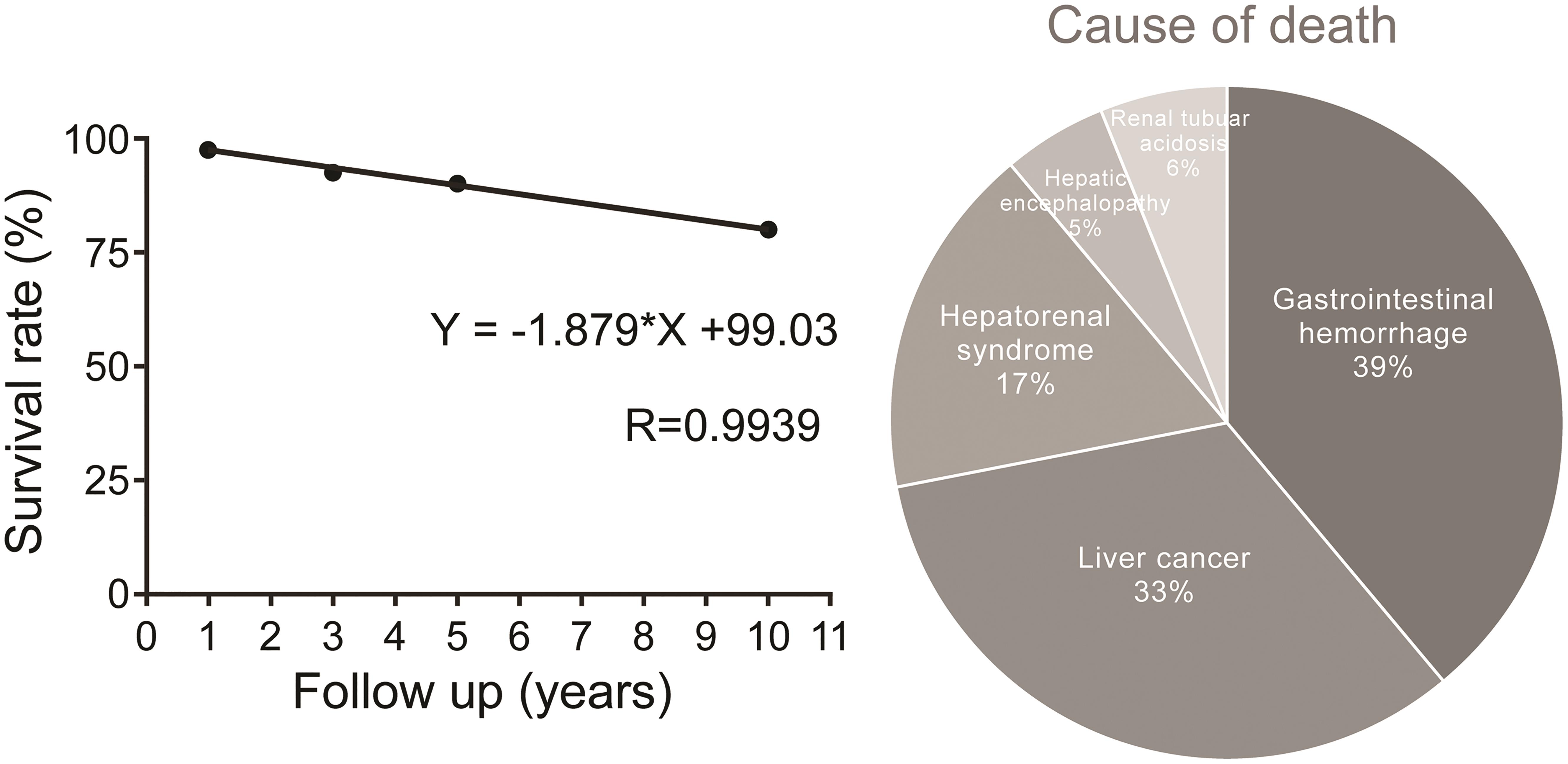 Follow-up of postoperative survival rate and analysis of cause of death.