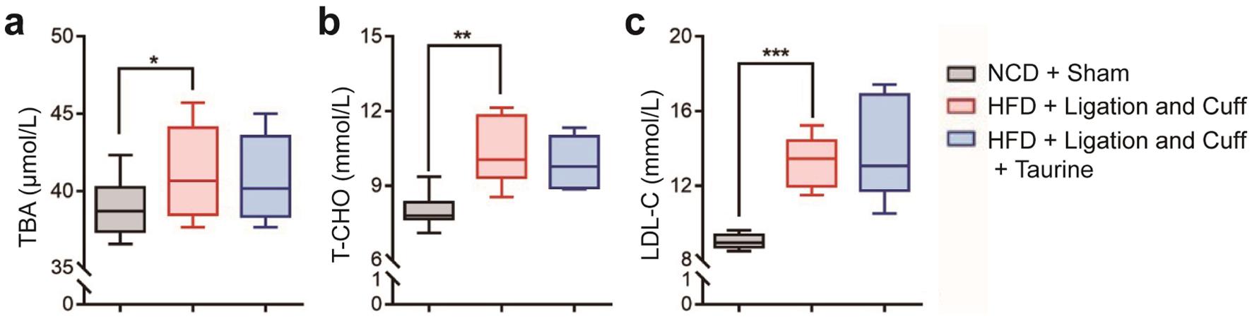 Effects of taurine on plasma lipid metabolism indicators in atherosclerotic mice (n = 6).