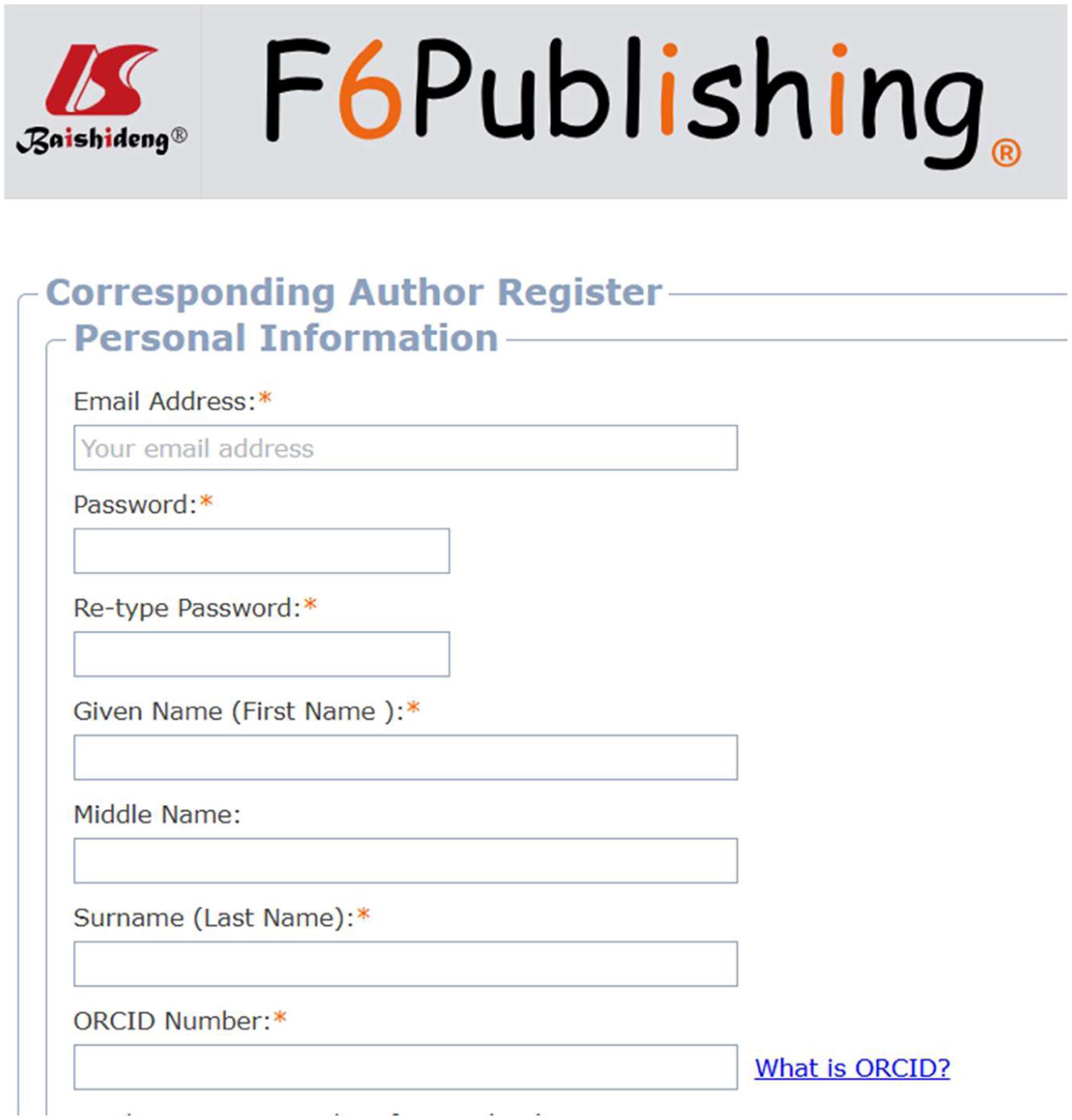 F6Publishing注册页面中的ORCID Number字段示例。