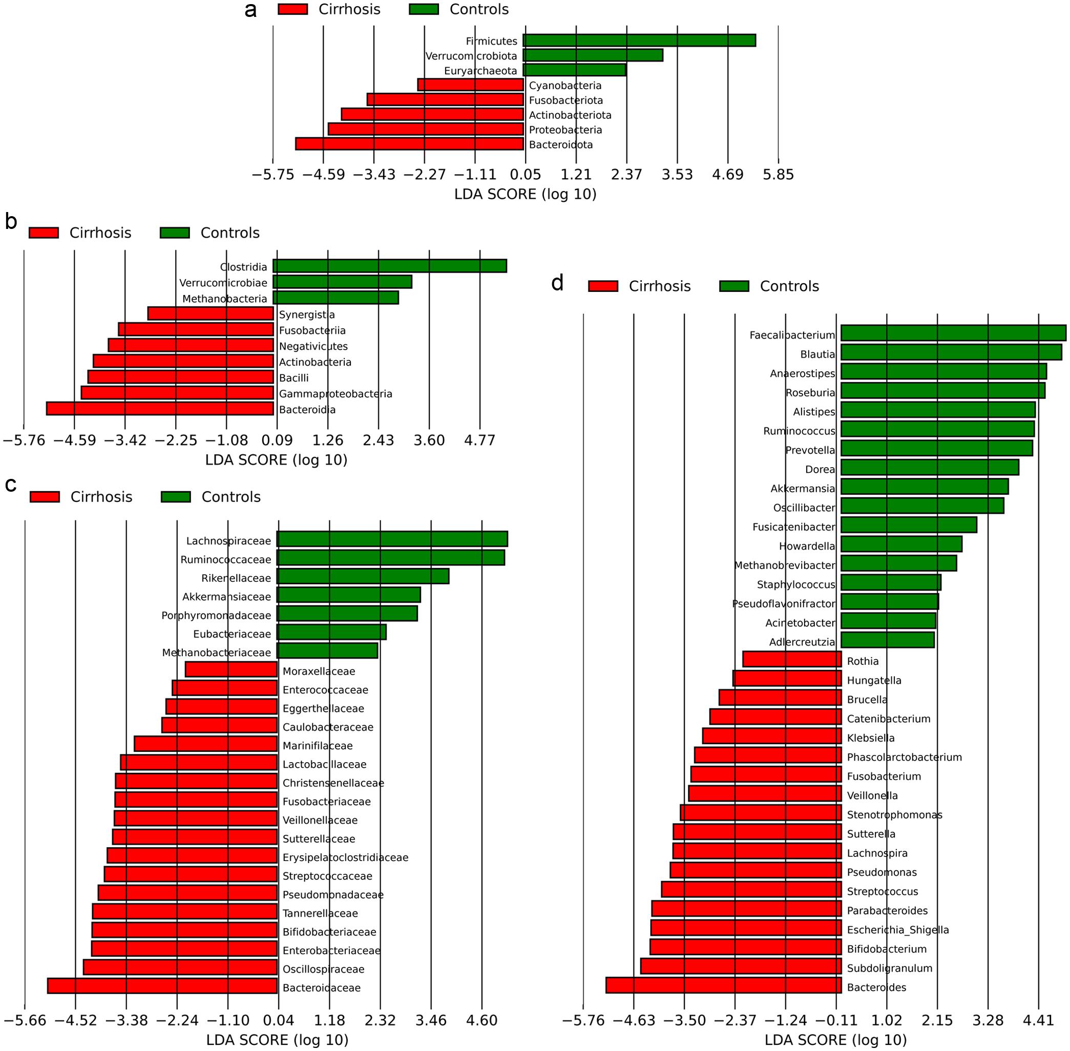 Comparison of the intestinal microbiota of patients with cirrhosis and healthy controls at the level of phyla (a), classes (b), families (c), and genera (d).