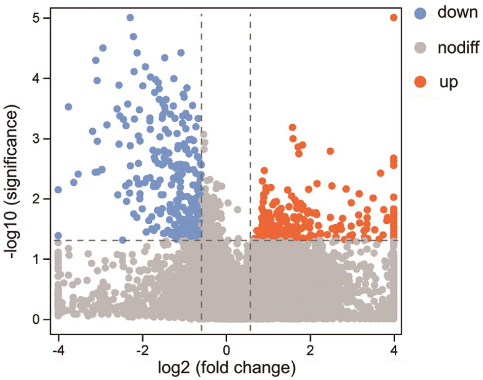 Volcano plot of DEGs between the two groups (Survival vs. Death).