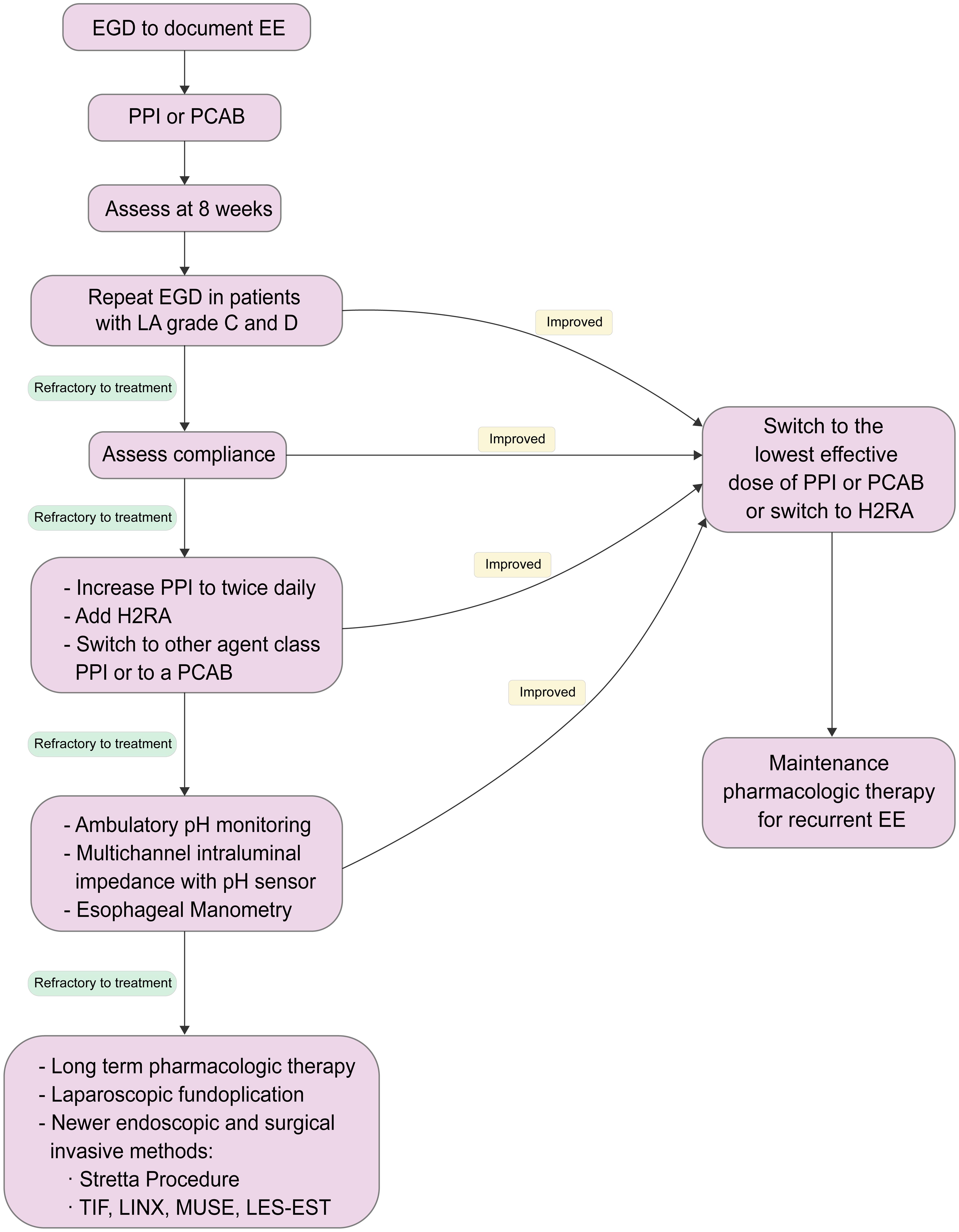 EE step-down therapy starts with a PPI or P-CAB daily for eight weeks.