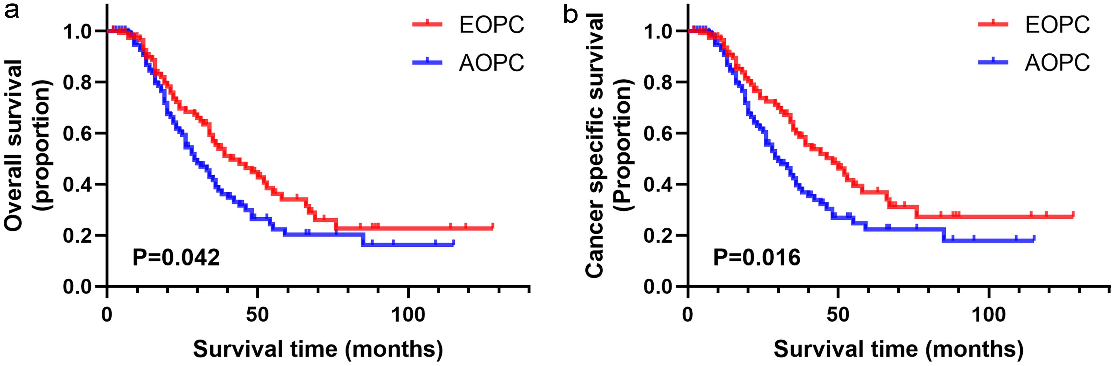 Overall survival (a) and cancer-specific survival (b) stratified by early-onset pancreatic cancer and average-onset pancreatic cancer in the total matched patient cohort.