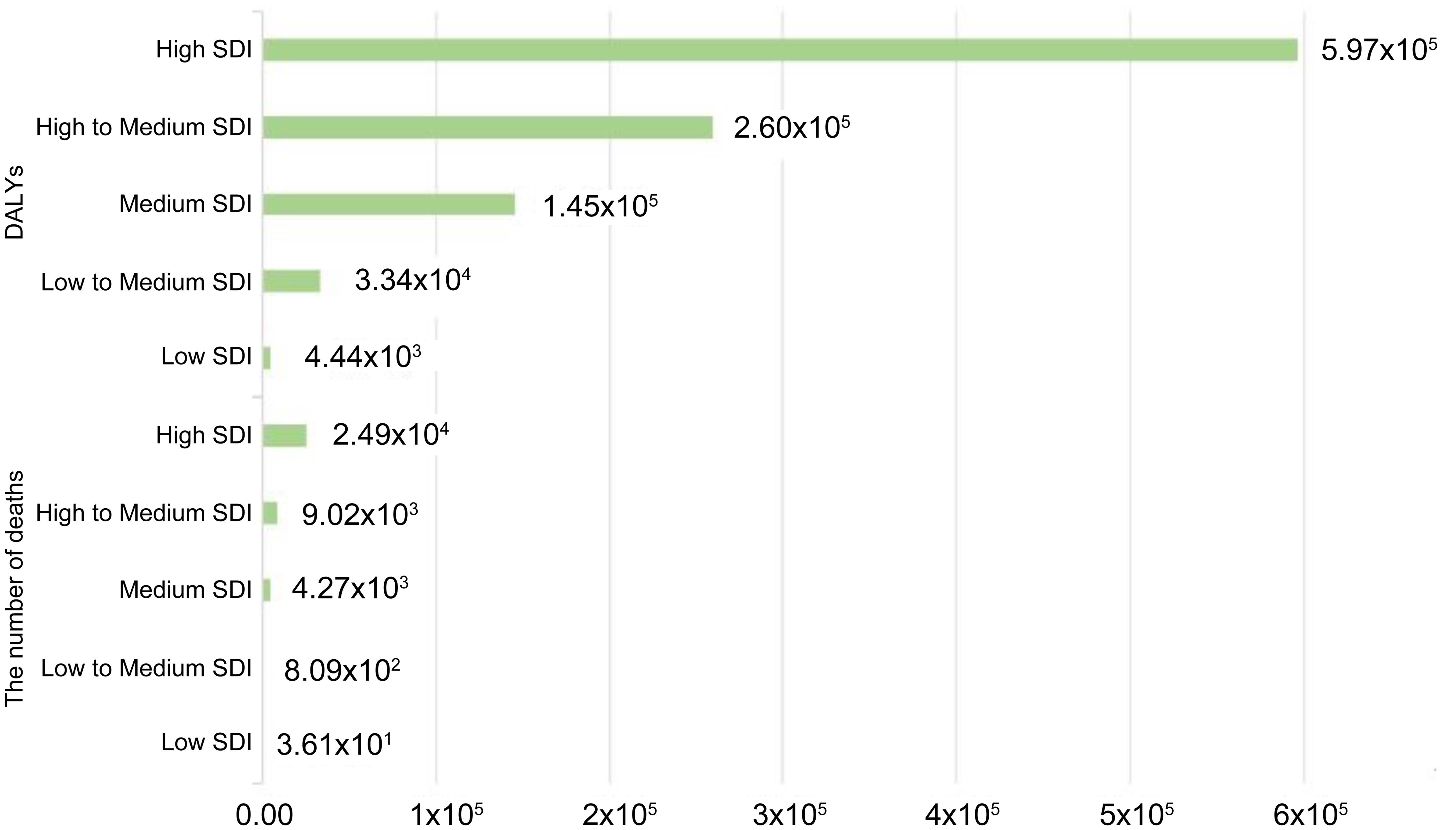 Different social development index (SDI) numbers of deaths and disability-adjusted life years (DALYs).