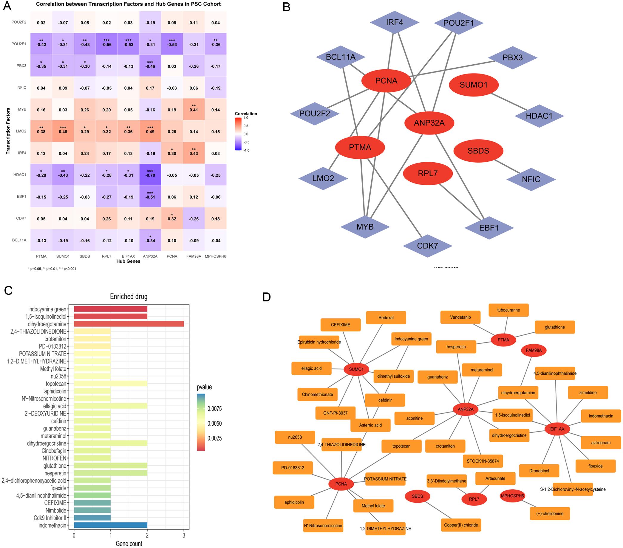 Transcriptional regulatory network and drug repurposing in PSC.