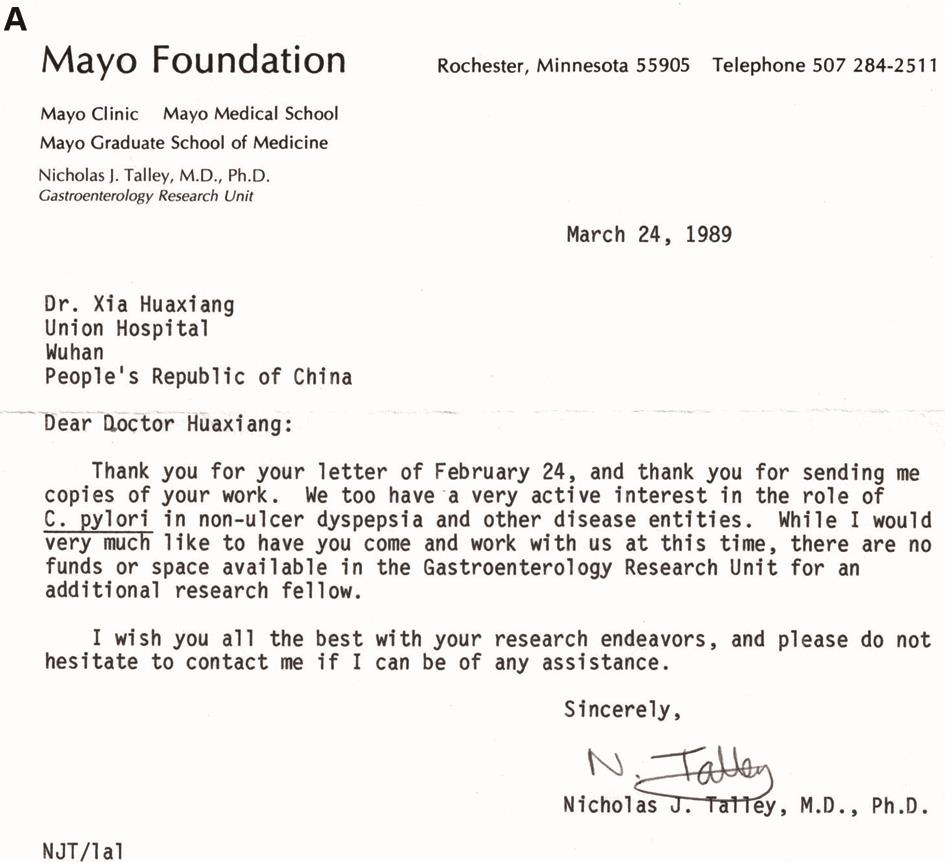 Talley教授1989年的回复信。