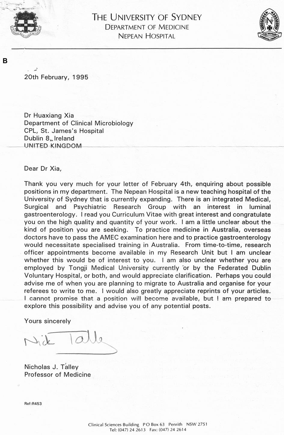 Talley教授1995年的回复信。