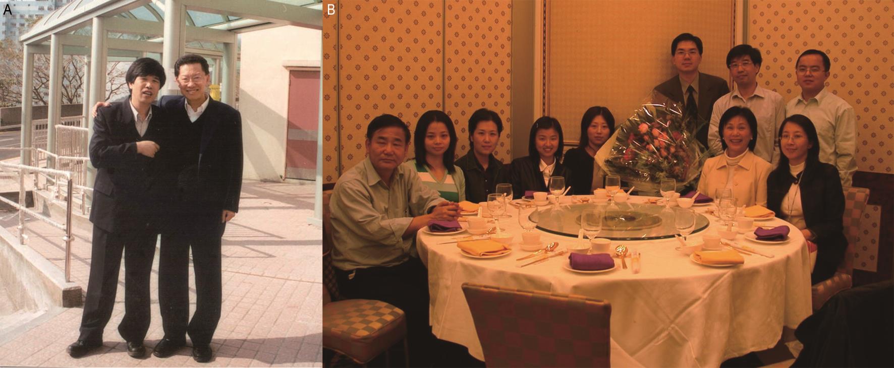 (A) 与原香港大学李嘉诚医学院院长林兆鑫教授合影；(B) 我和王振宇教授（后排左一）的科研团队与原香港大学分子生物学研究所所长孔祥复教授（前排左一）和林李家宓（Marie Chia-Mi Lin）教授（前排右二）合影。