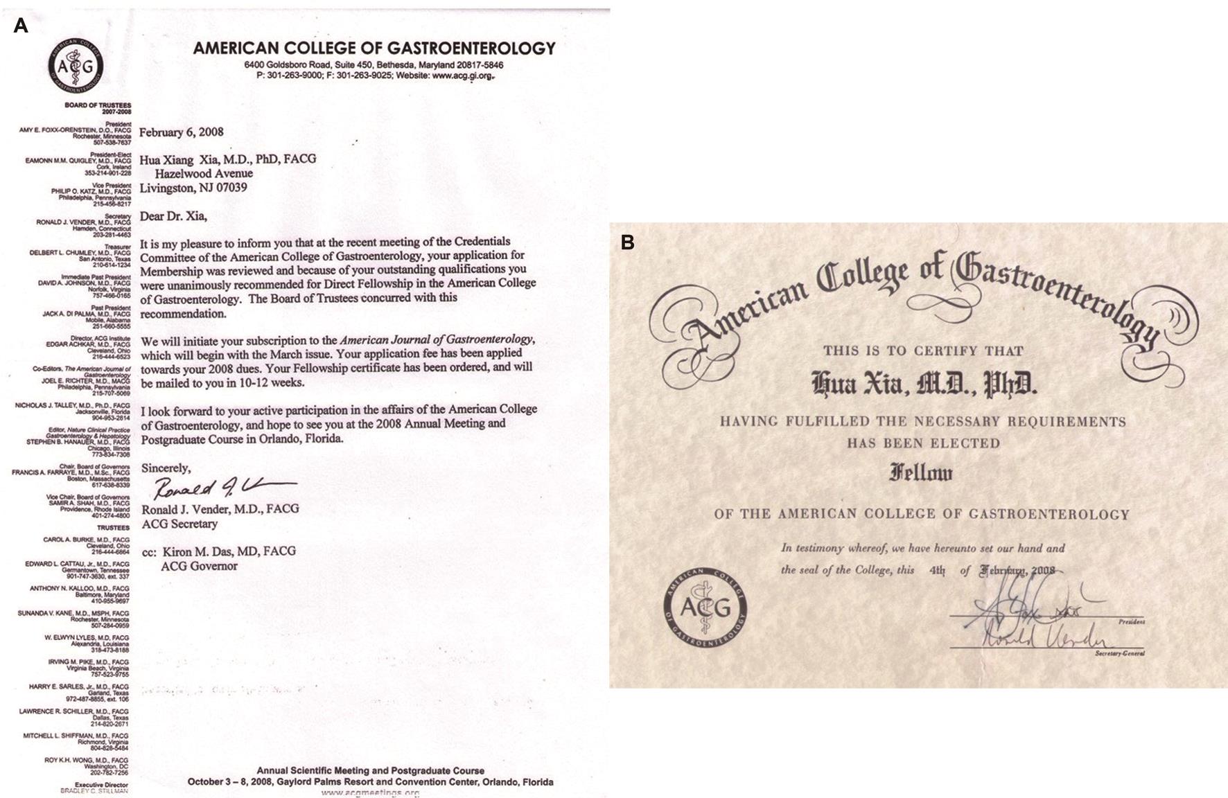 2008年被选为美国胃肠病学学院院士 (Fellow of American College of Gastroenterology) 的通知函（A）和证书（B）。