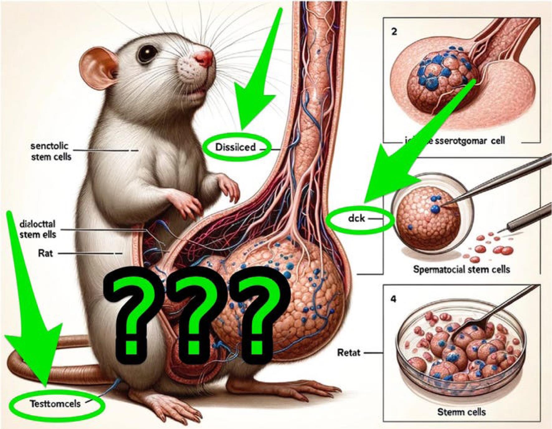 这幅插图意在显示“从大鼠睾丸中分离、纯化和培养的精原干细胞”，但照片上显示的却是一只站立的白鼠，它的阴茎高高耸立在自己的身体上。老鼠旁边出现了一些不连贯的标注，如“Testtomcels”“Dissilced”和“dck”。研究人员在附图的文字中公开承认，他们使用了Midjourney的AI生成器来生成图像。