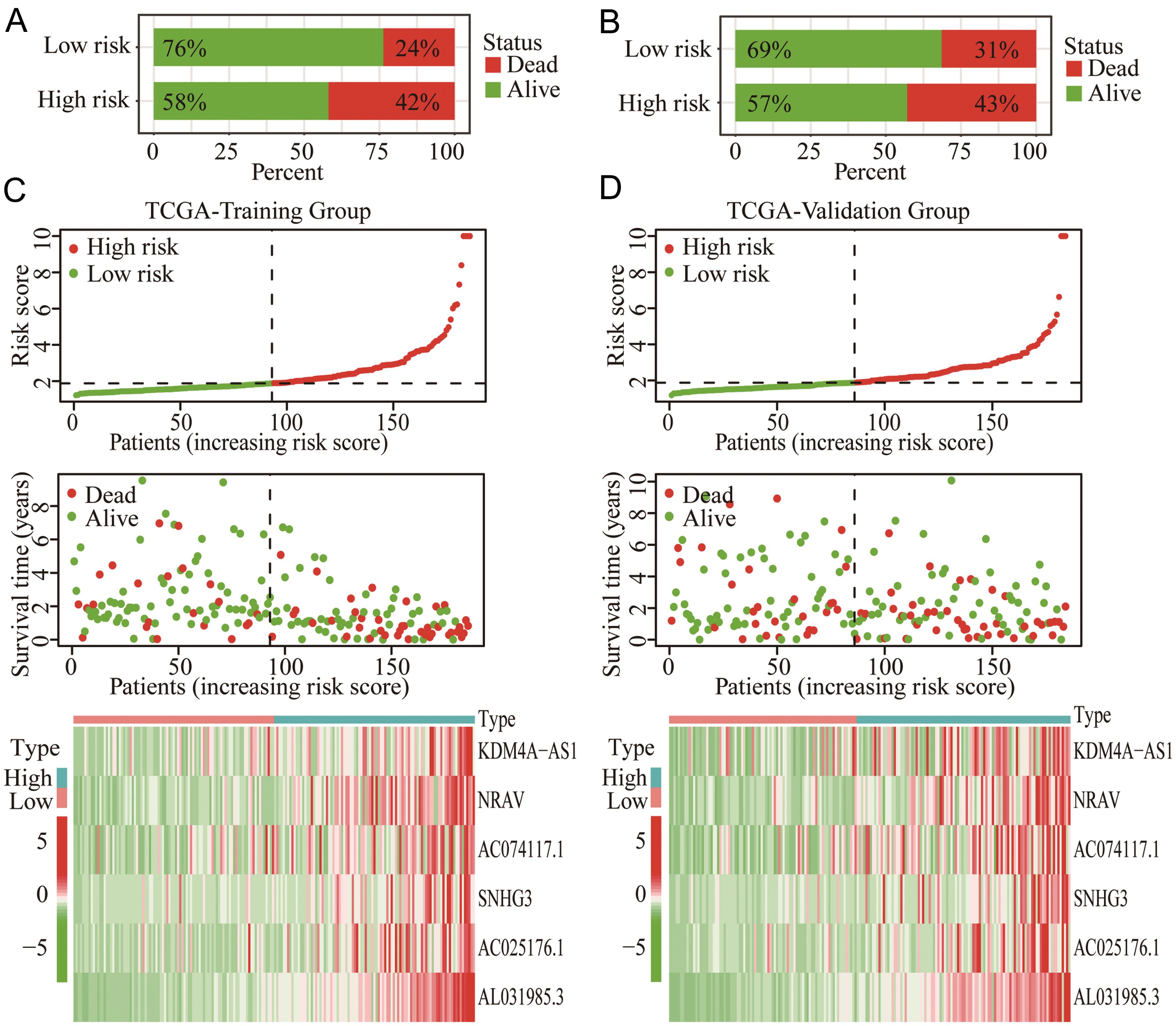 Distribution of the risk score, survival status, and expression of the six m<sup>6</sup>A-related lncRNAs in the training and validation groups of HCC.